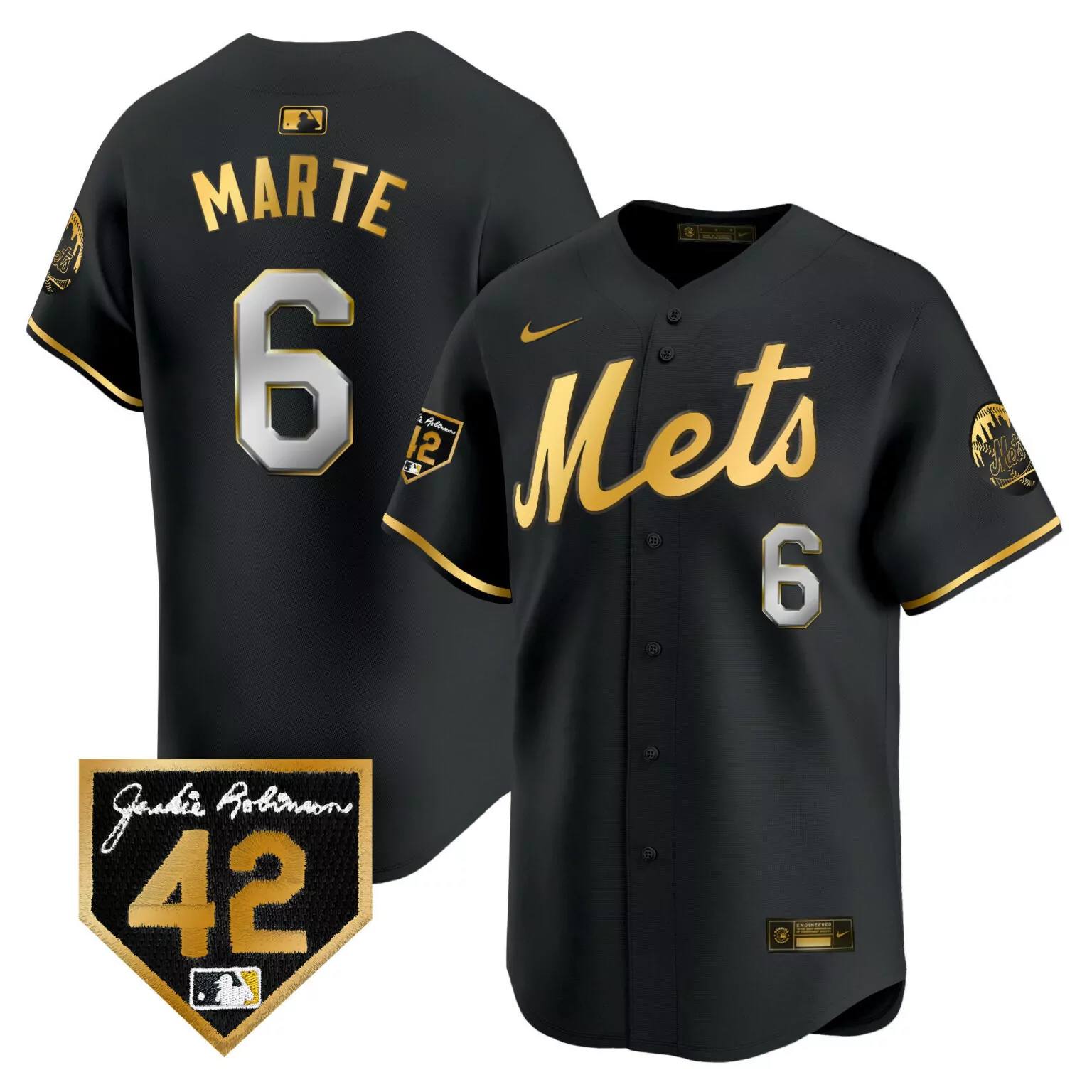 Personalized Black gold starling marte new york mets 2024 jackie robinson patch jersey all stitched 7987
