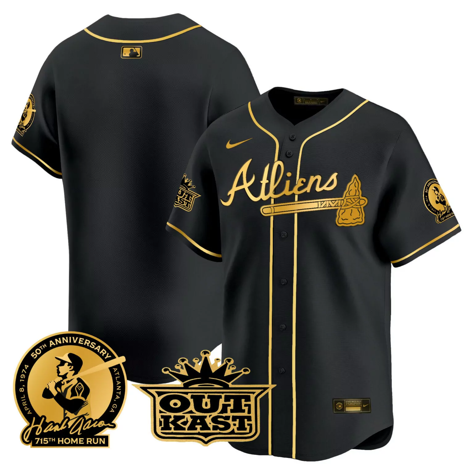 Custom Black gold team atlanta braves atliens hank aaron patch jersey all stitched 9811
