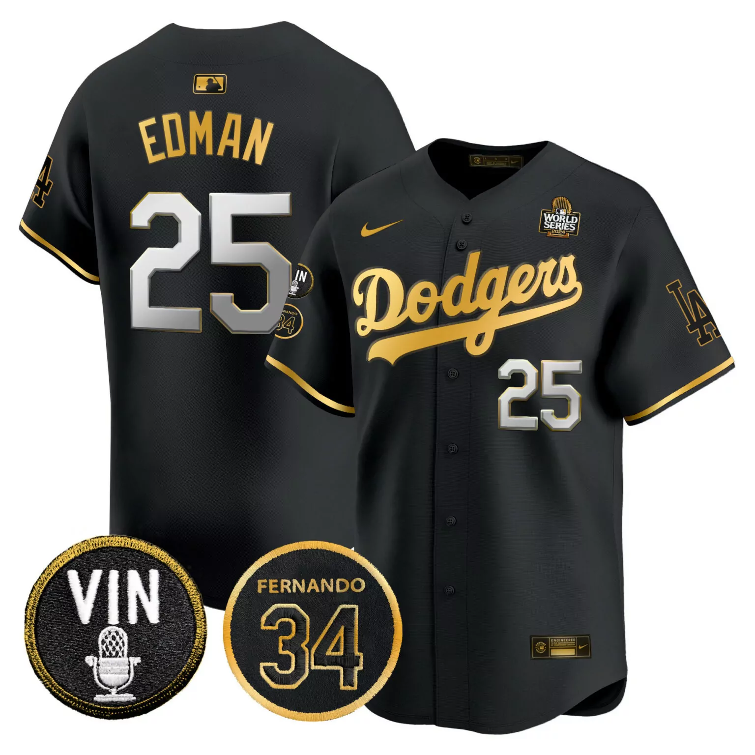 Personalized Black gold tommy edman los angeles dodgers 2024 world series gold trim jersey v3 all stitched 7680