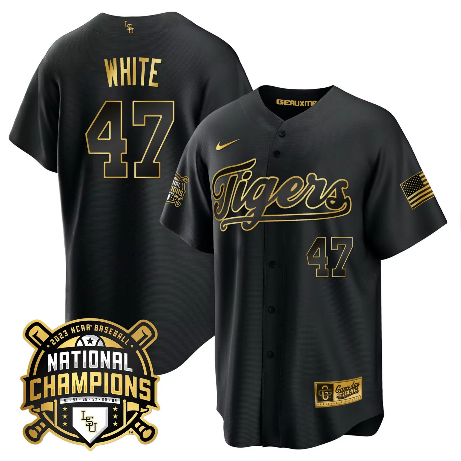 Personalized Black gold tommy white lsu tigers 2023 national champions gold cool jersey v2 all stitched 5565