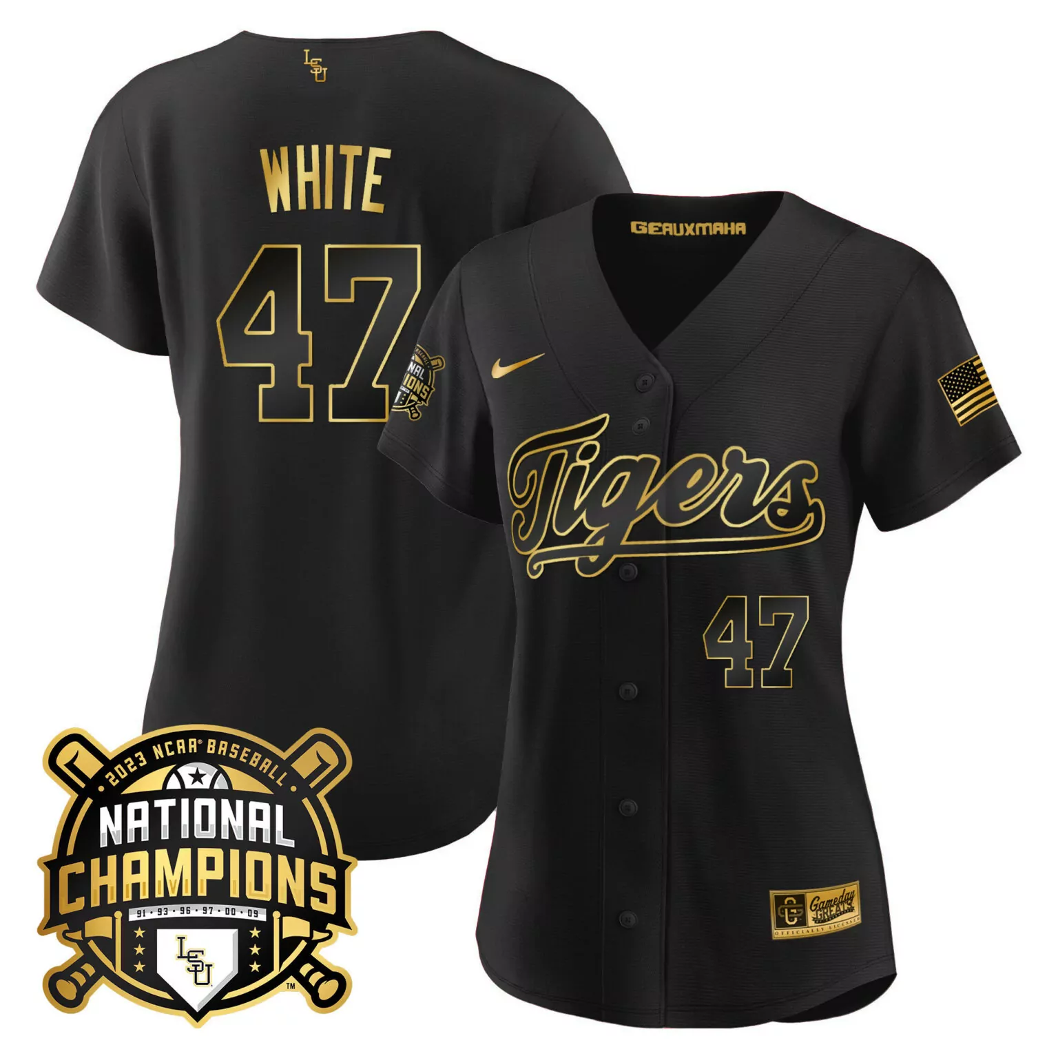 Personalized Black gold tommy white lsu tigers 2023 national champions gold jersey v2 all stitched 5146