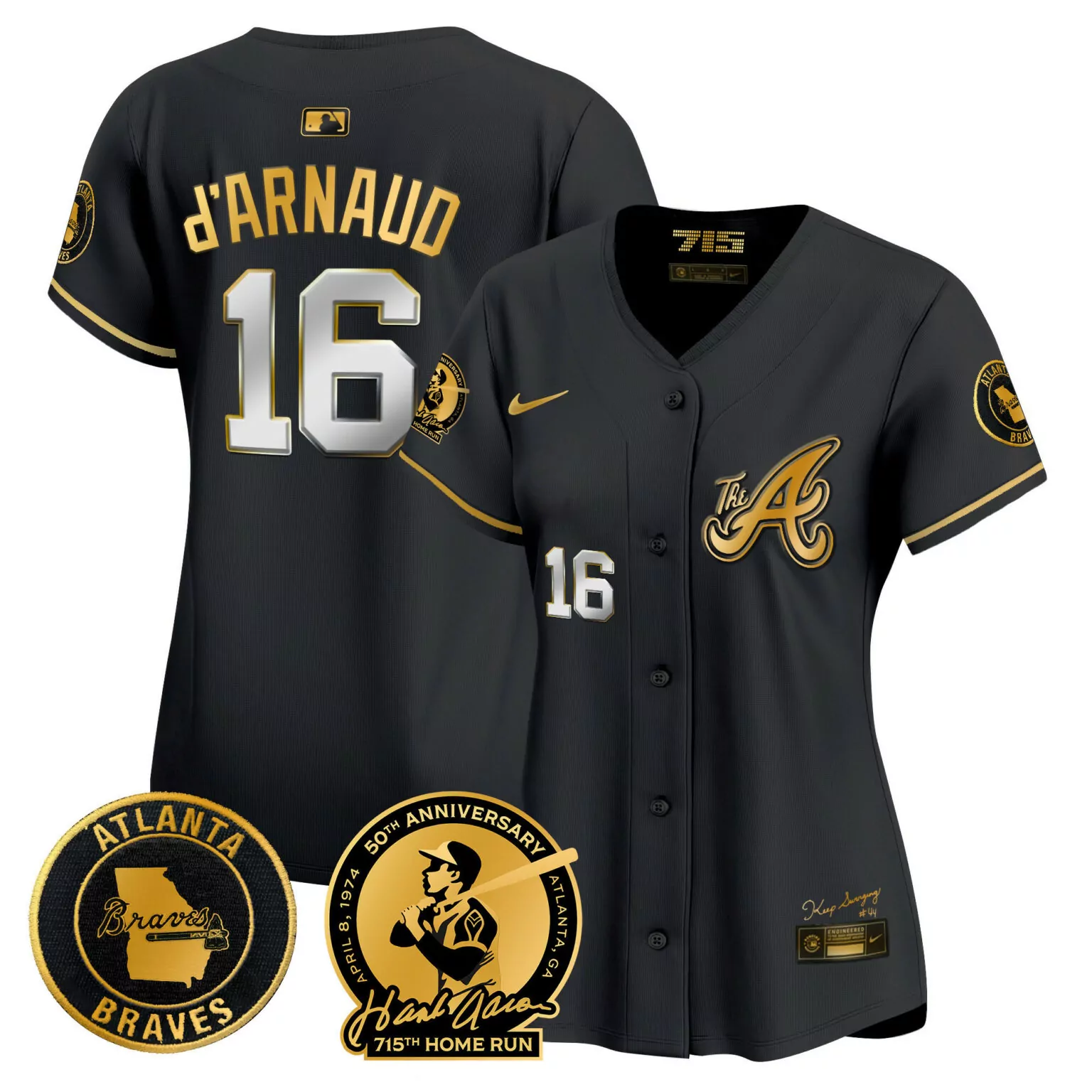 Personalized Black gold travis darnaud atlanta braves hank aaron 715th home run patch jersey v2 all stitched 6824