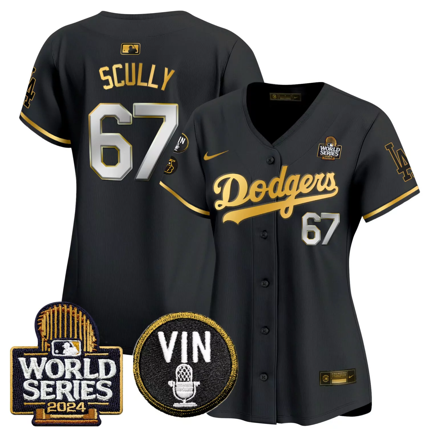Personalized Black gold vin scully los angeles dodgers 2024 world series gold trim jersey v2 all stitched 2174