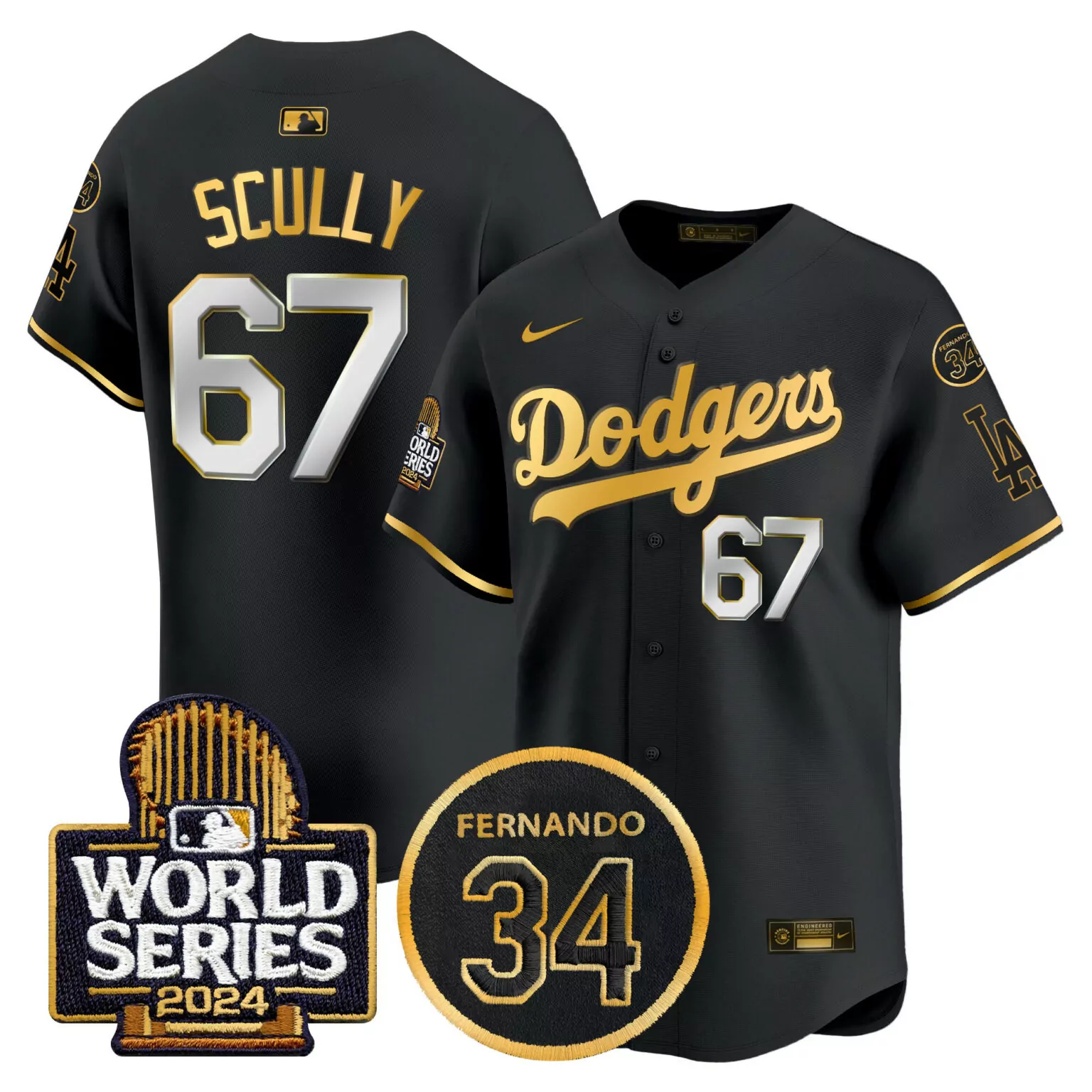 Customizable Black gold vin scully los angeles dodgers fernando memorial 2024 world series patch jersey all stitched 5422