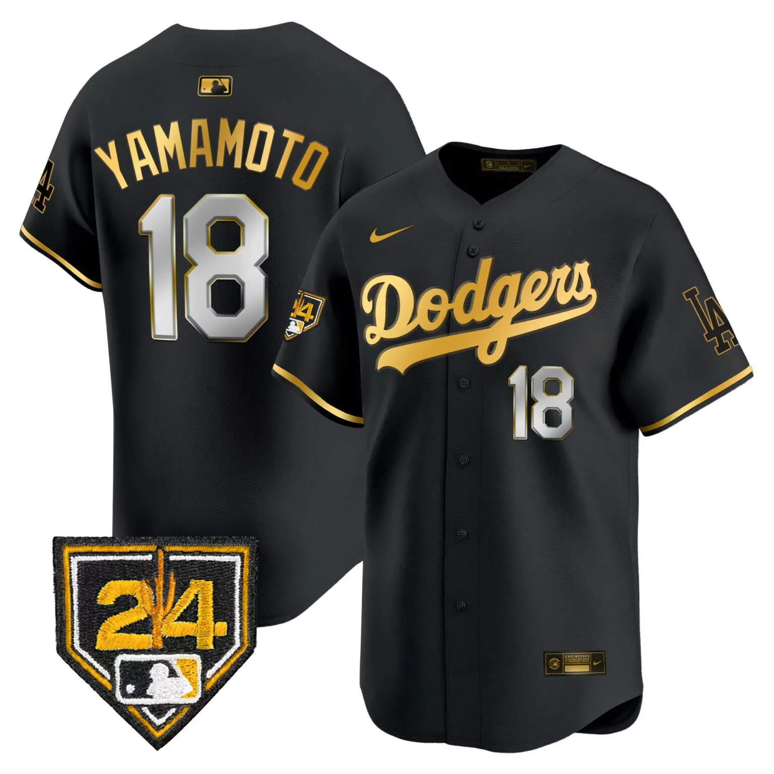 Personalized Black gold yamamoto los angeles dodgers 2024 spring training patch jersey all stitched 3024