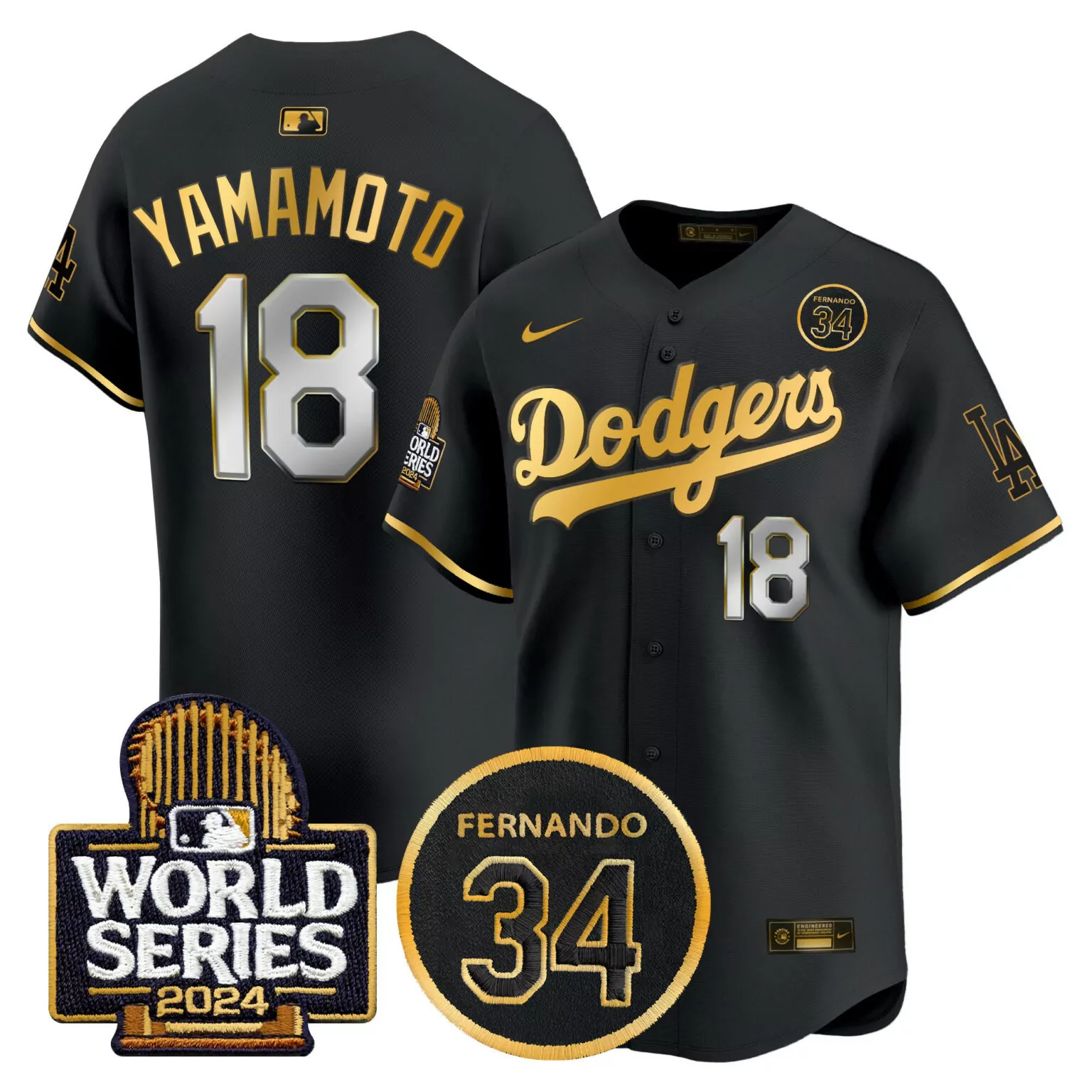Customizable Black gold yamamoto los angeles dodgers valenzuela memorial 2024 world series patch jersey all stitched 3024