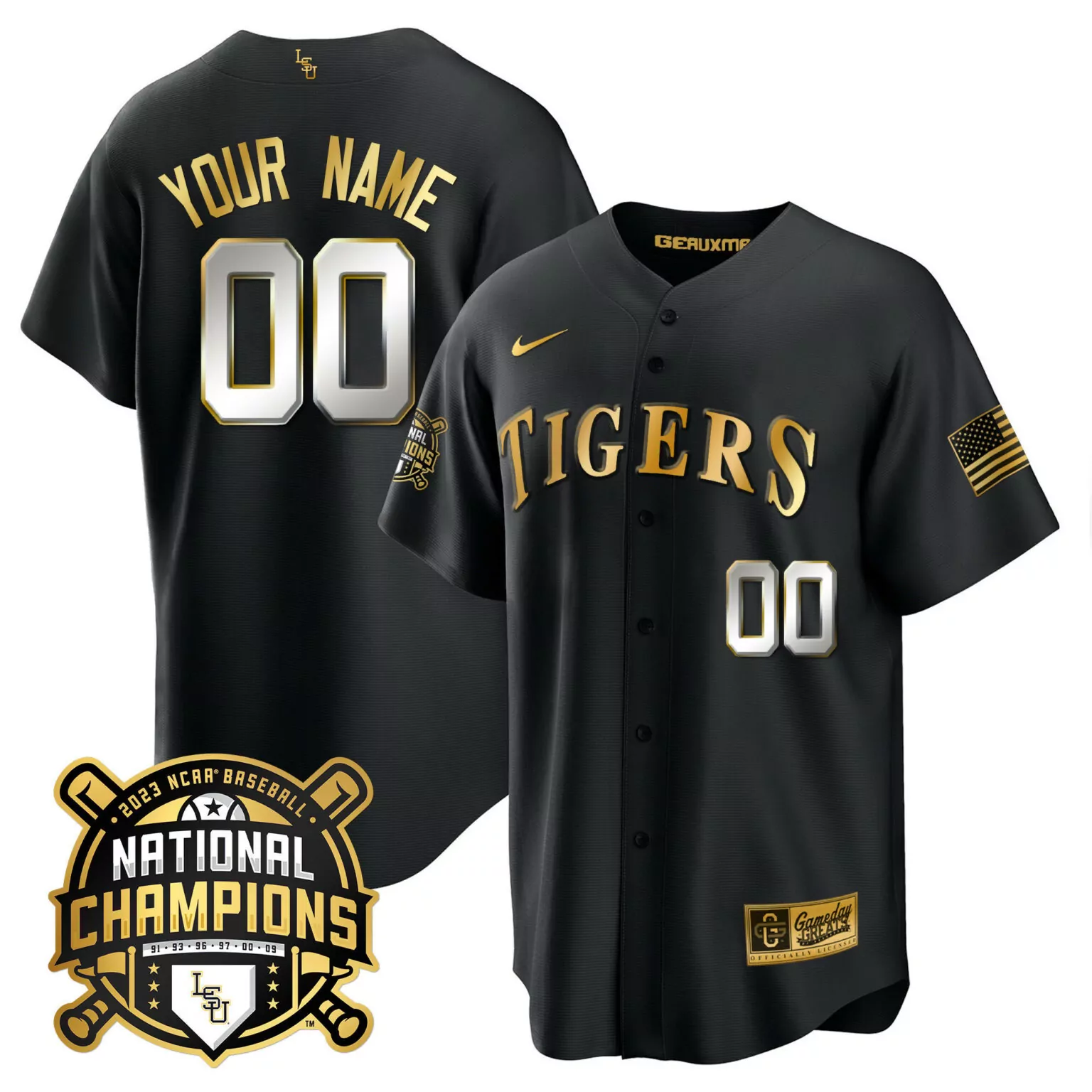 Personalized Black lsu tigers 2023 national champions gold cool custom jersey all stitched 4541