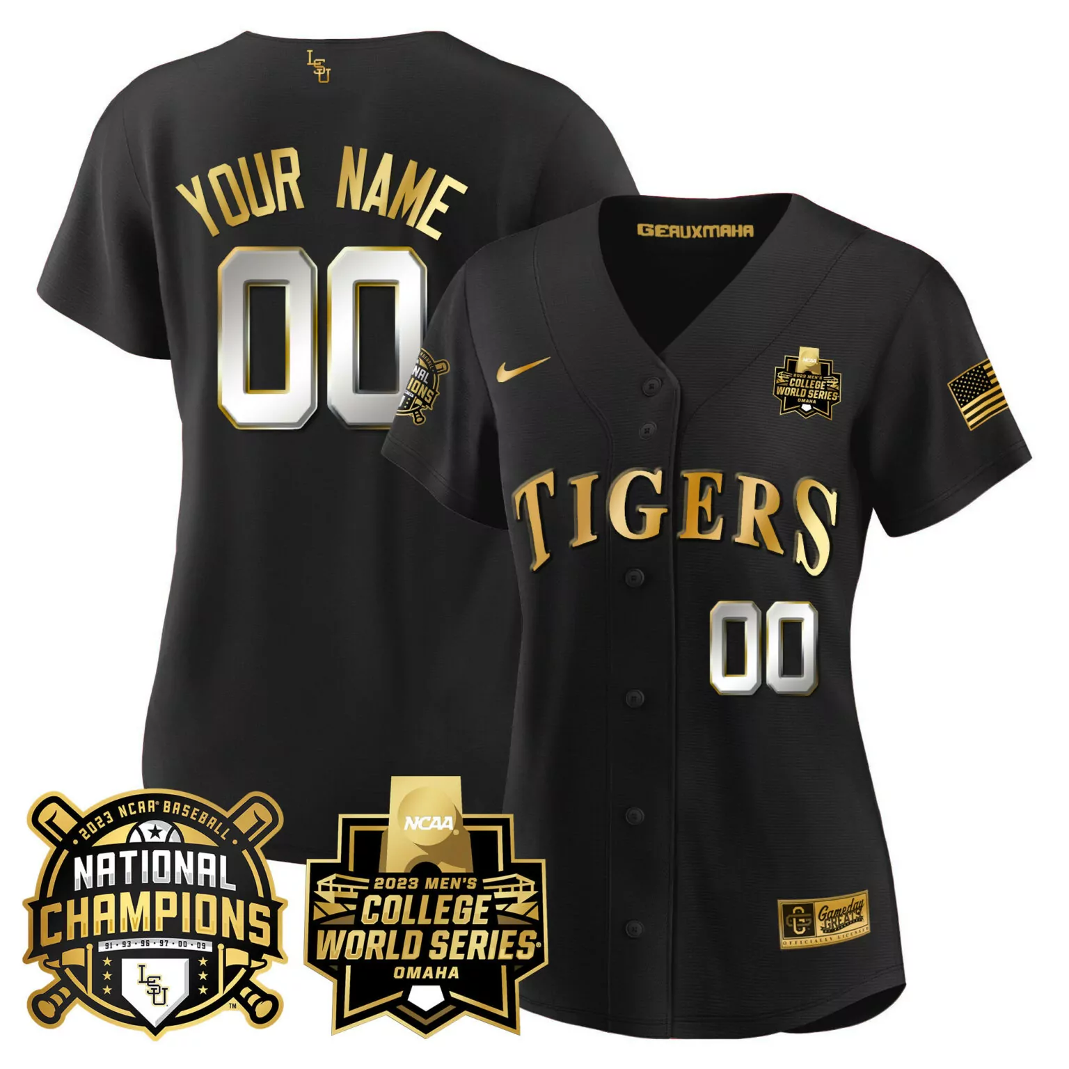 Custom Black lsu tigers 2023 national champions gold cool custom jersey v3 all stitched 6722