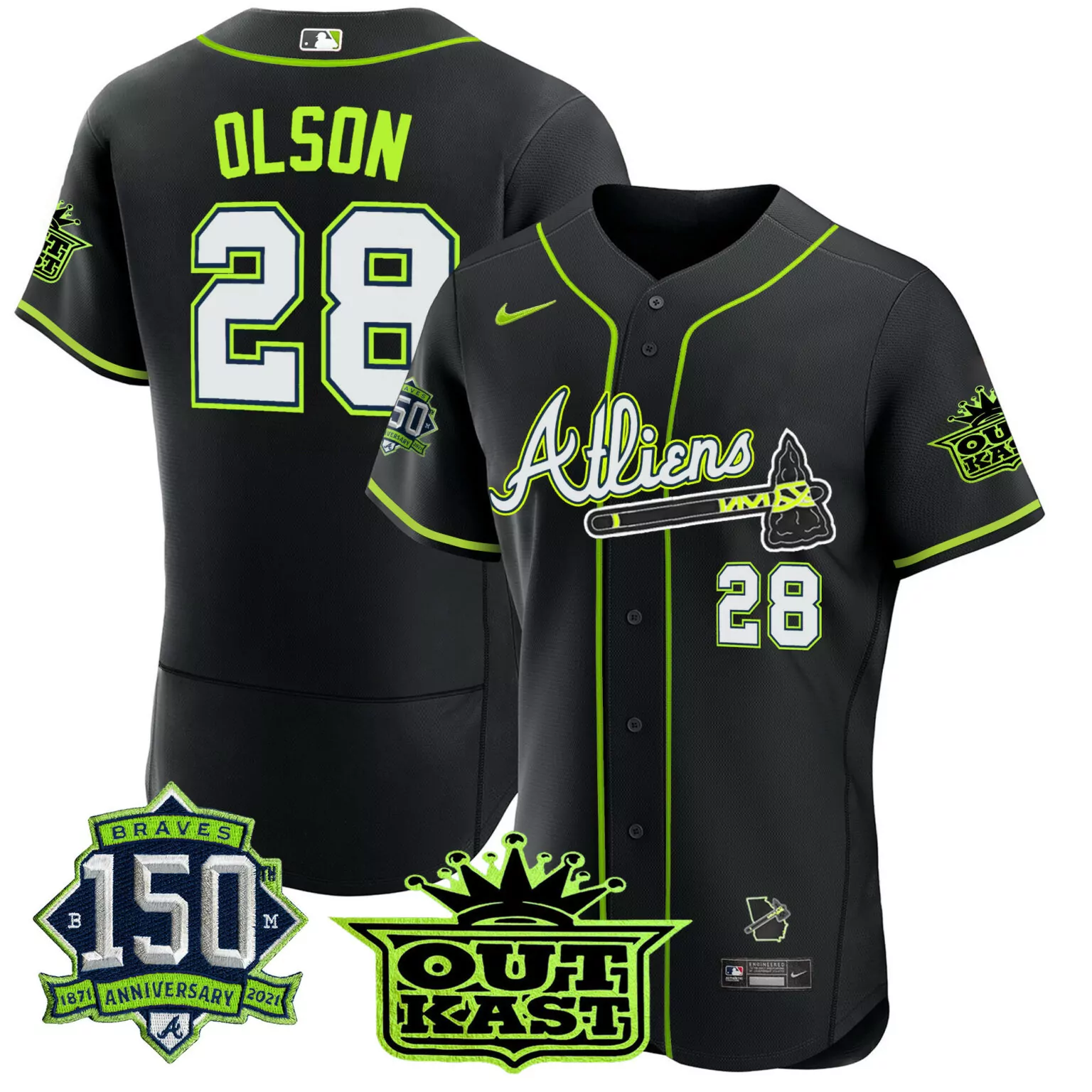 Custom Black matt olson atlanta braves atliens 150th anniversary patch jersey all stitched 7375