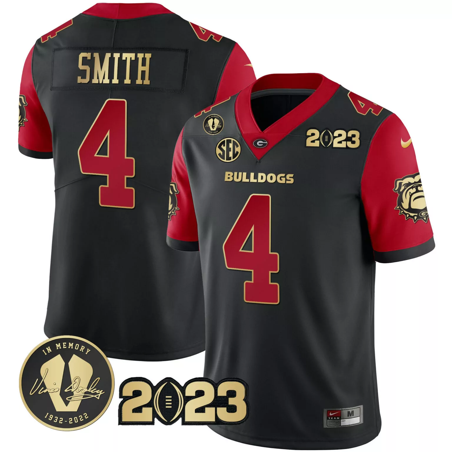 Personalized Black nolan smith georgia bulldogs 2023 champions gold color sleeves jersey all stitched 5974
