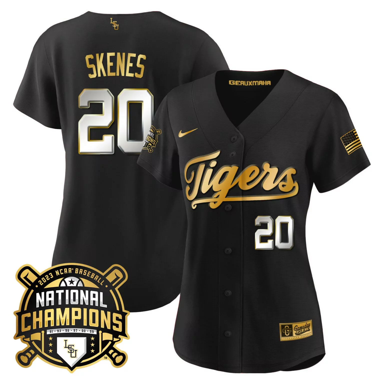 Personalized Black paul skenes lsu tigers 2023 national champions gold jersey v2 all stitched 8375