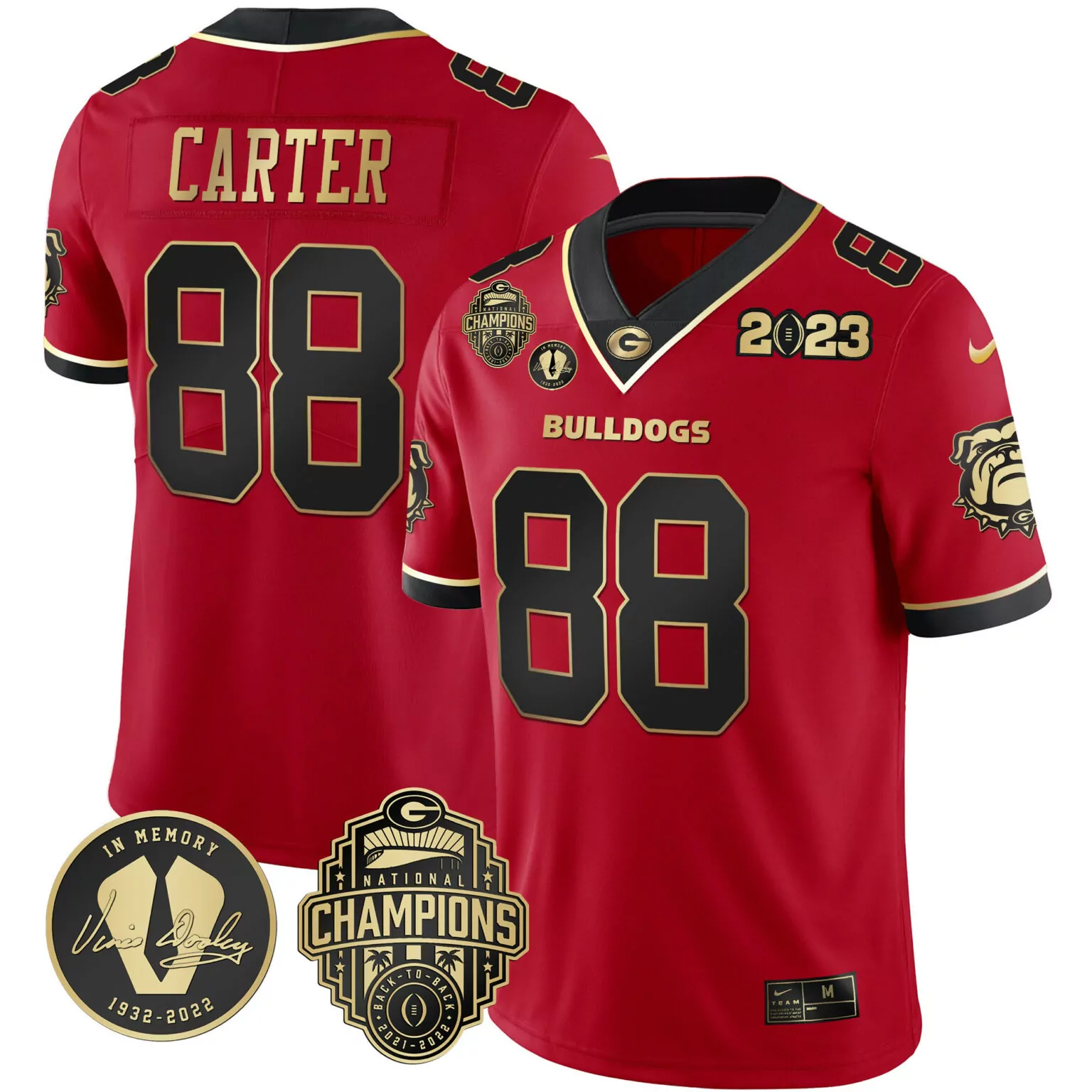 Personalized Black red jalen carter georgia bulldogs 2023 champions vince dooley patch gold jersey all stitched 2421