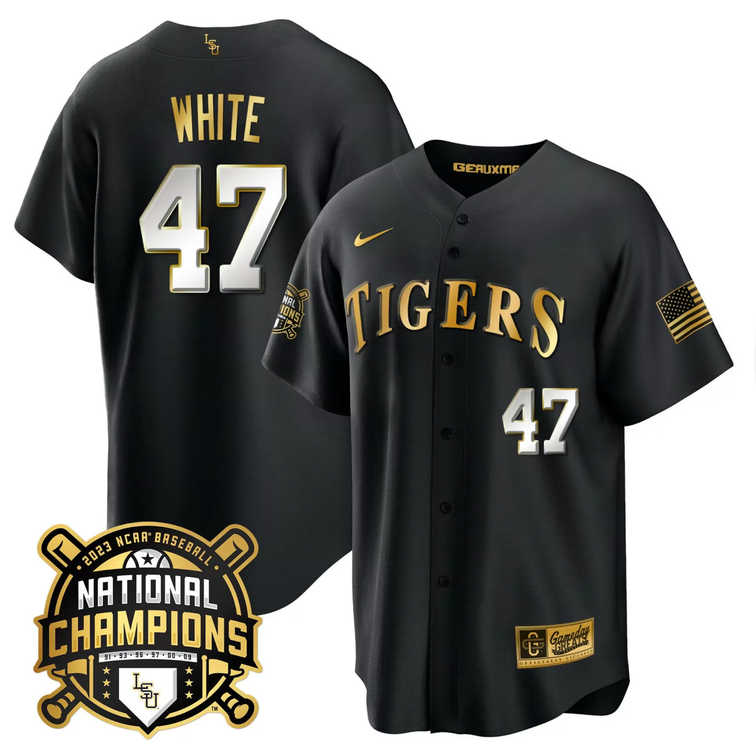 Personalized Black tommy white lsu tigers 2023 national champions gold cool jersey all stitched 2687
