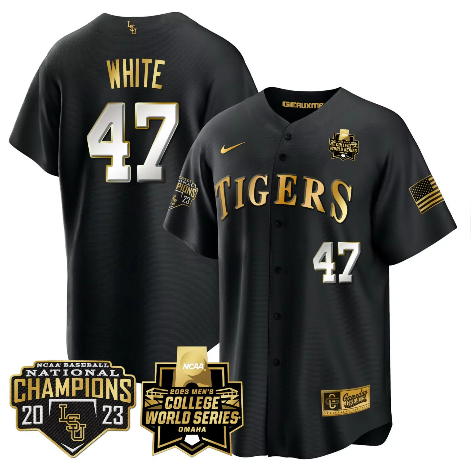 Custom Black tommy white lsu tigers 2023 national champions gold cool jersey v4 all stitched 9770
