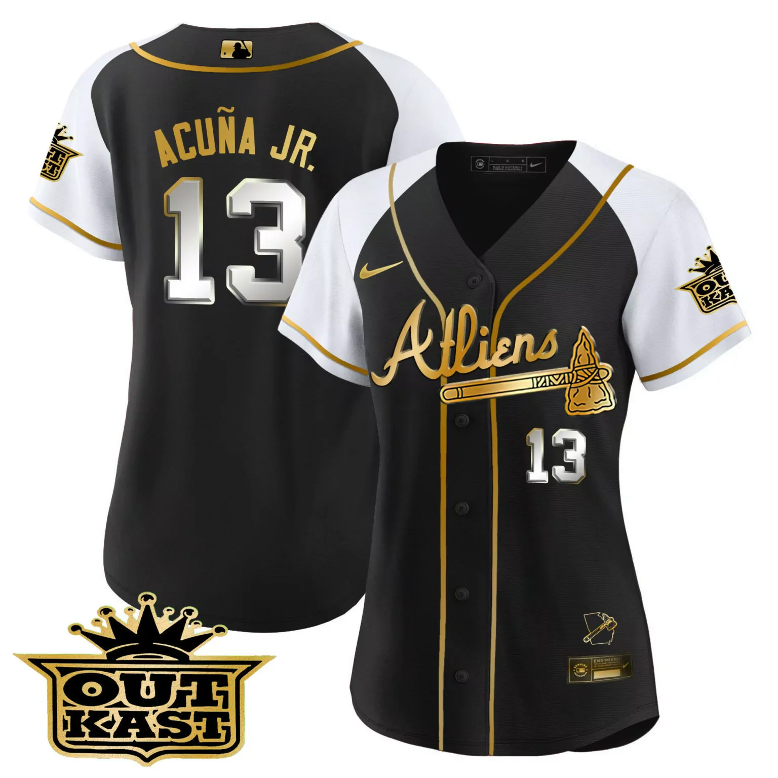 Personalized Black white ronald acuna jr atlanta braves atliens gold alternate jersey all stitched 1186