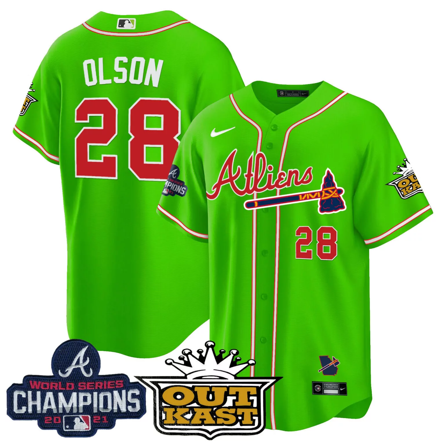 Custom Bright green matt olson atlanta braves atliens champions jersey all stitched 7942