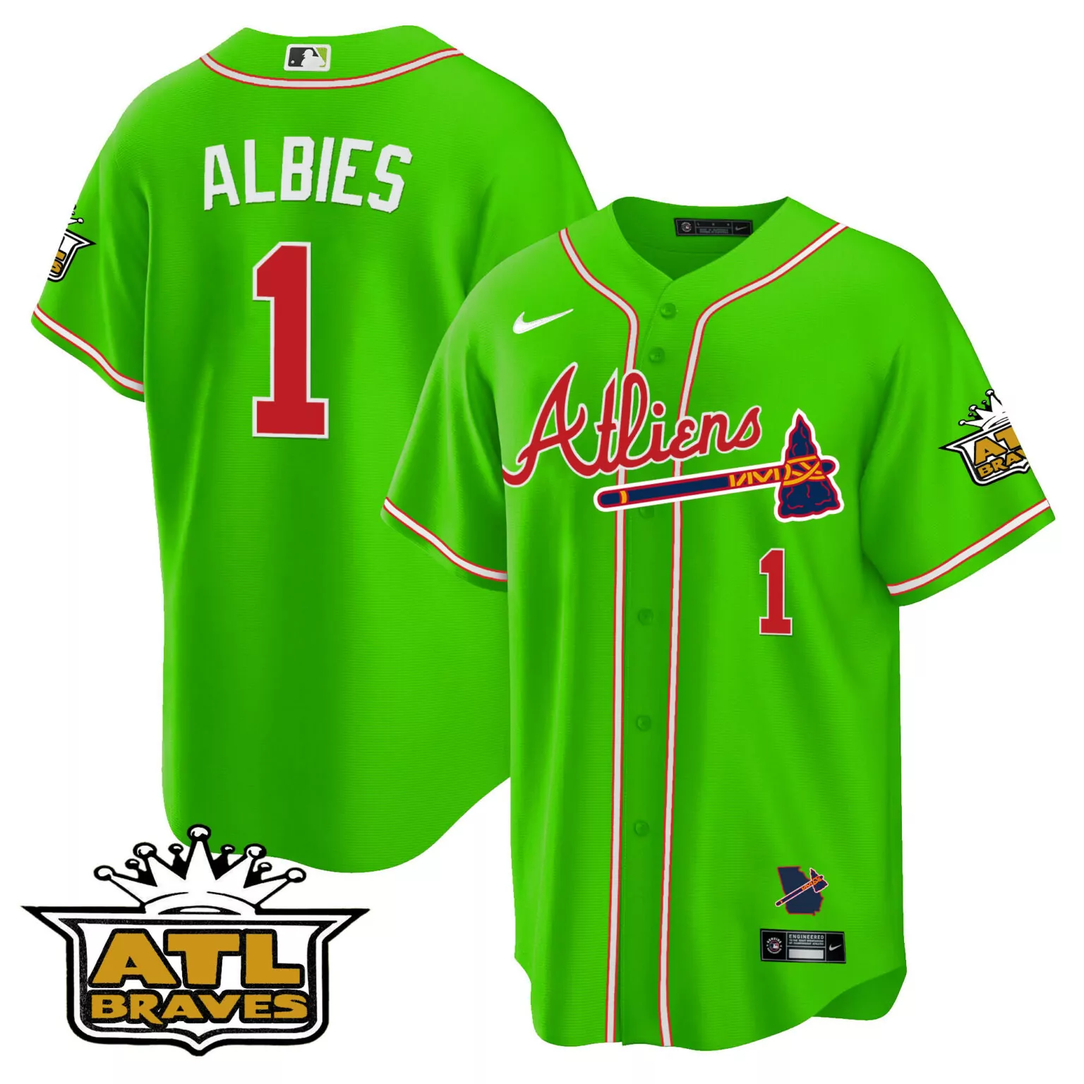 Custom Bright green ozzie albies atlanta braves atliens atl patch jersey all stitched 7183