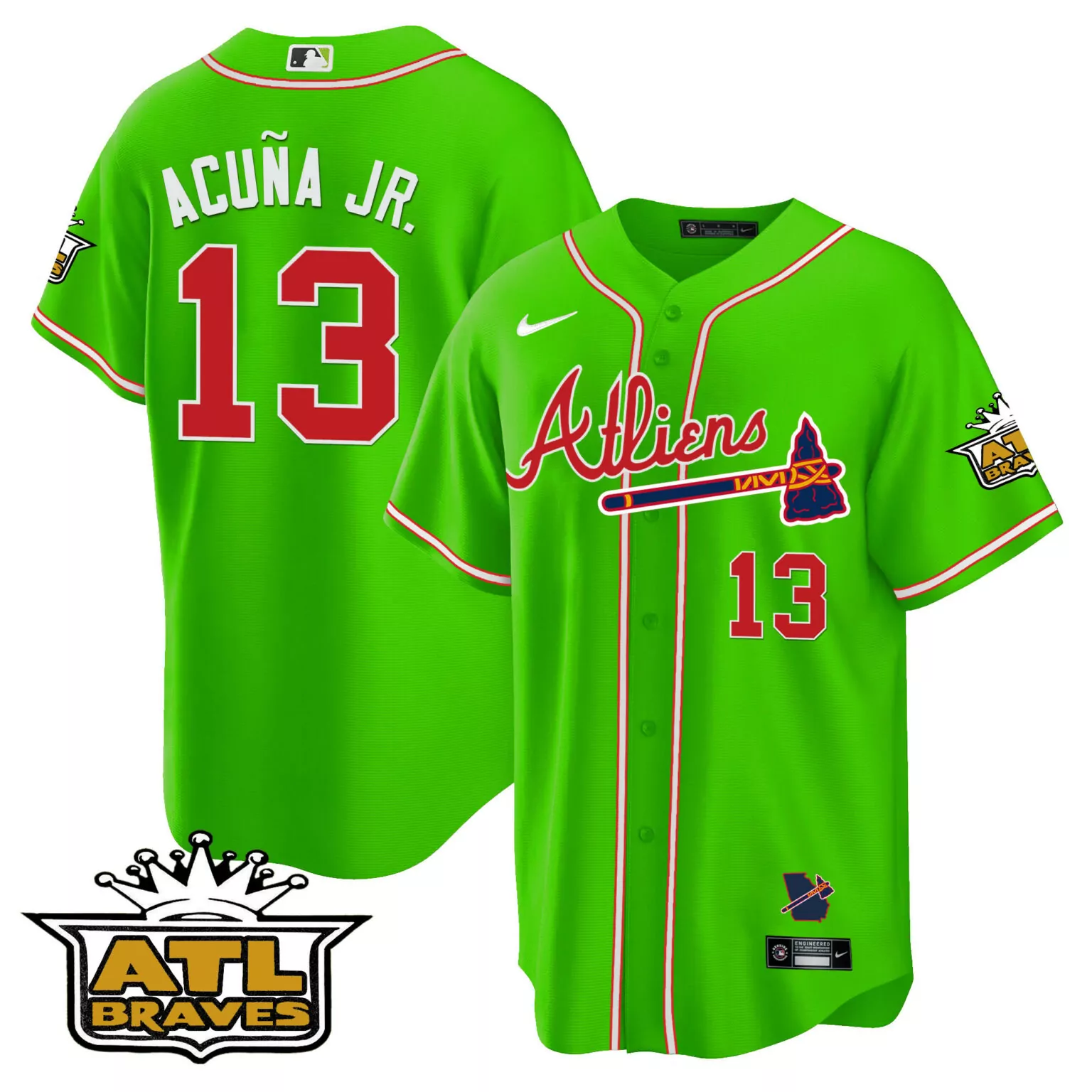 Customizable Bright green ronald acuna jr atlanta braves atliens atl patch jersey all stitched 6193