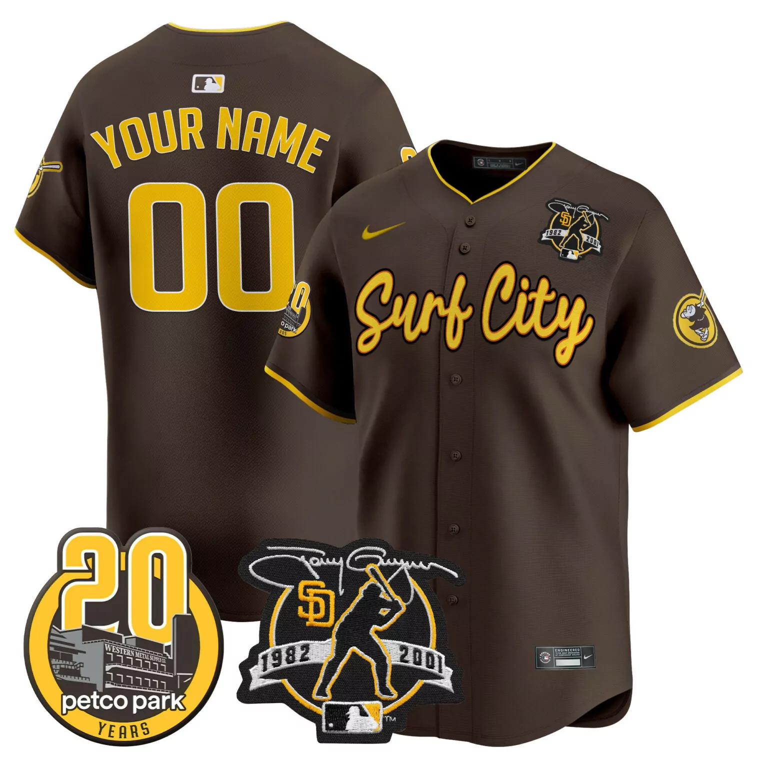 Custom Brown san diego padres tony gwynn petco park 20th patch vapor custom jersey v3 all stitched 7015