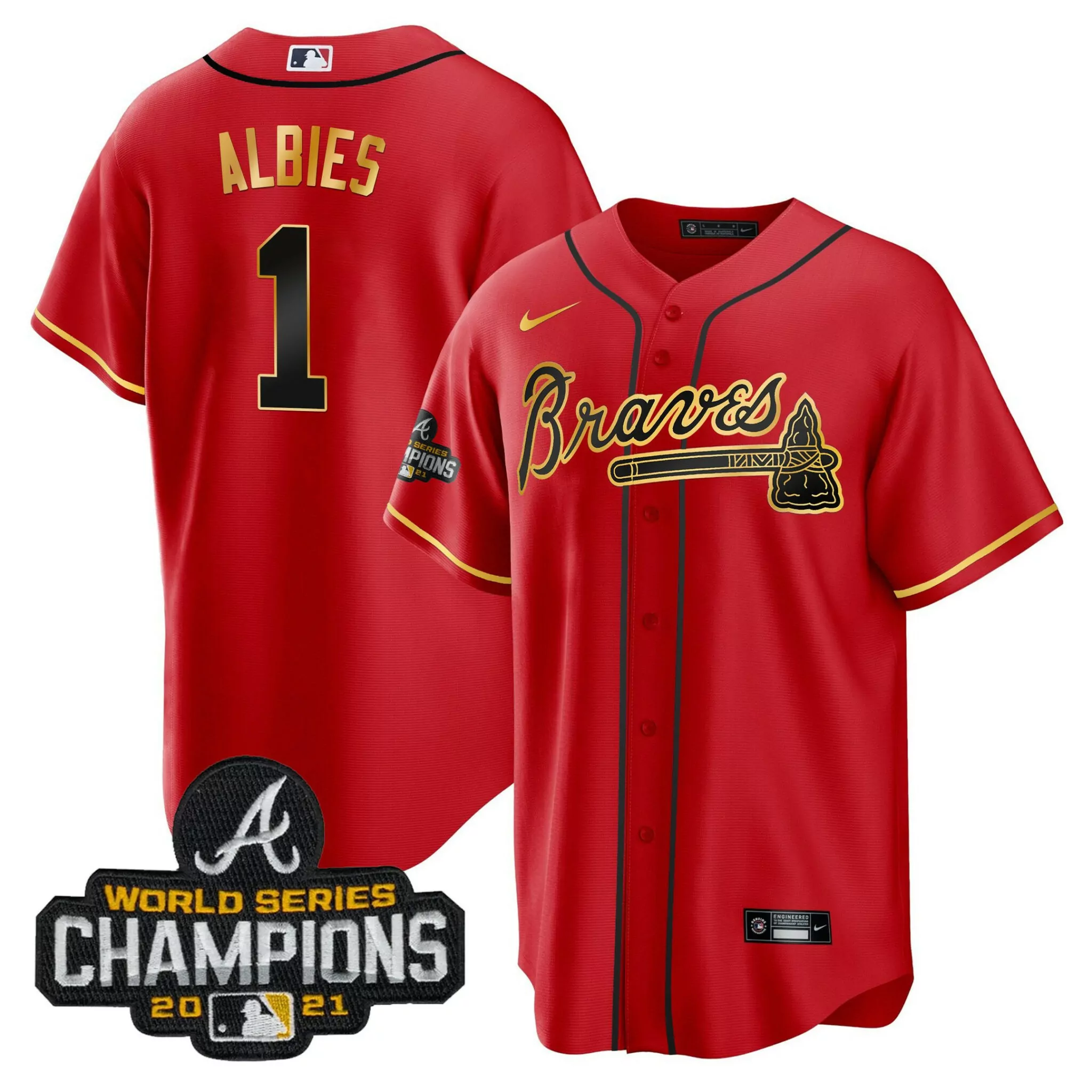 Custom Cool red ozzie albies atlanta braves champions patch gold trim jersey all stitched 1951