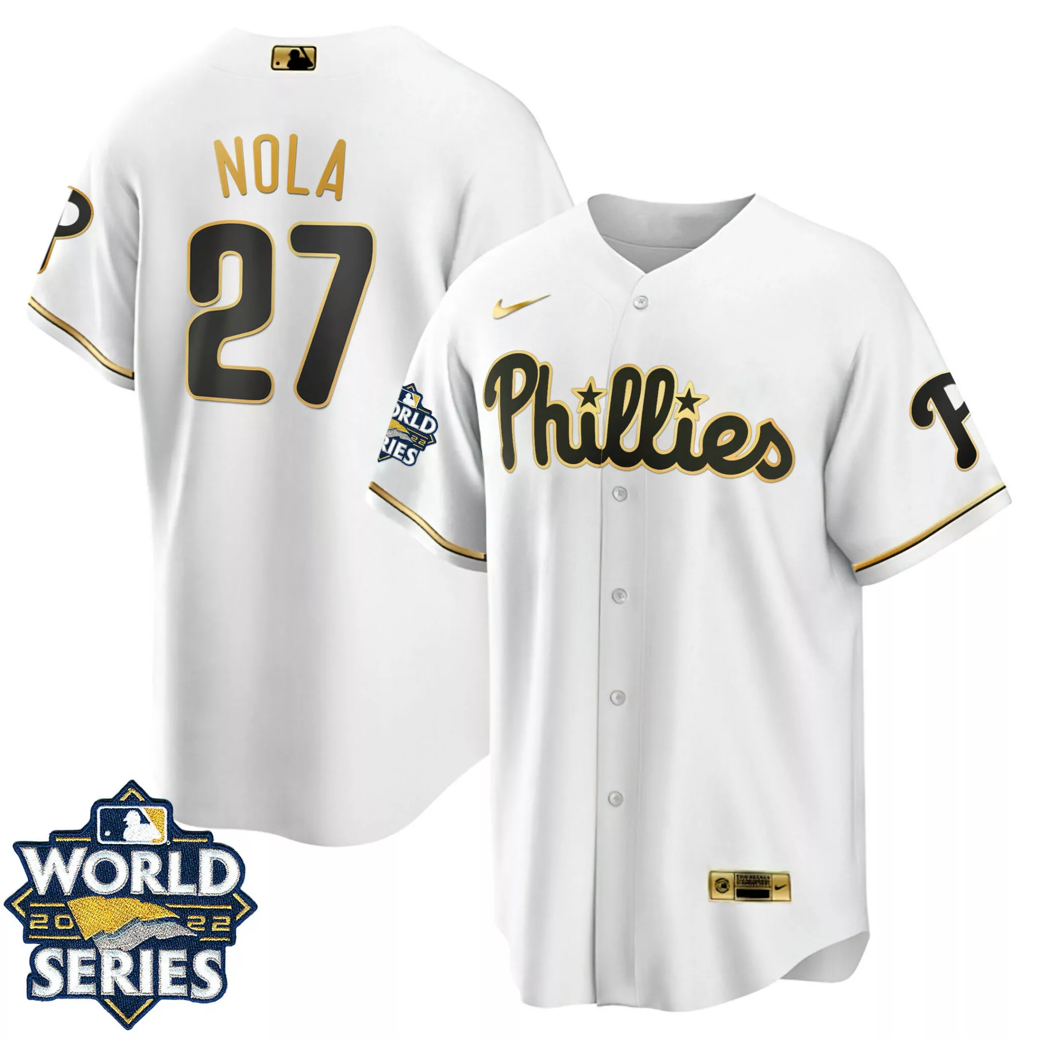 Customizable Aaron nola white gold philadelphia phillies 2022 world series jersey all stitched 7902