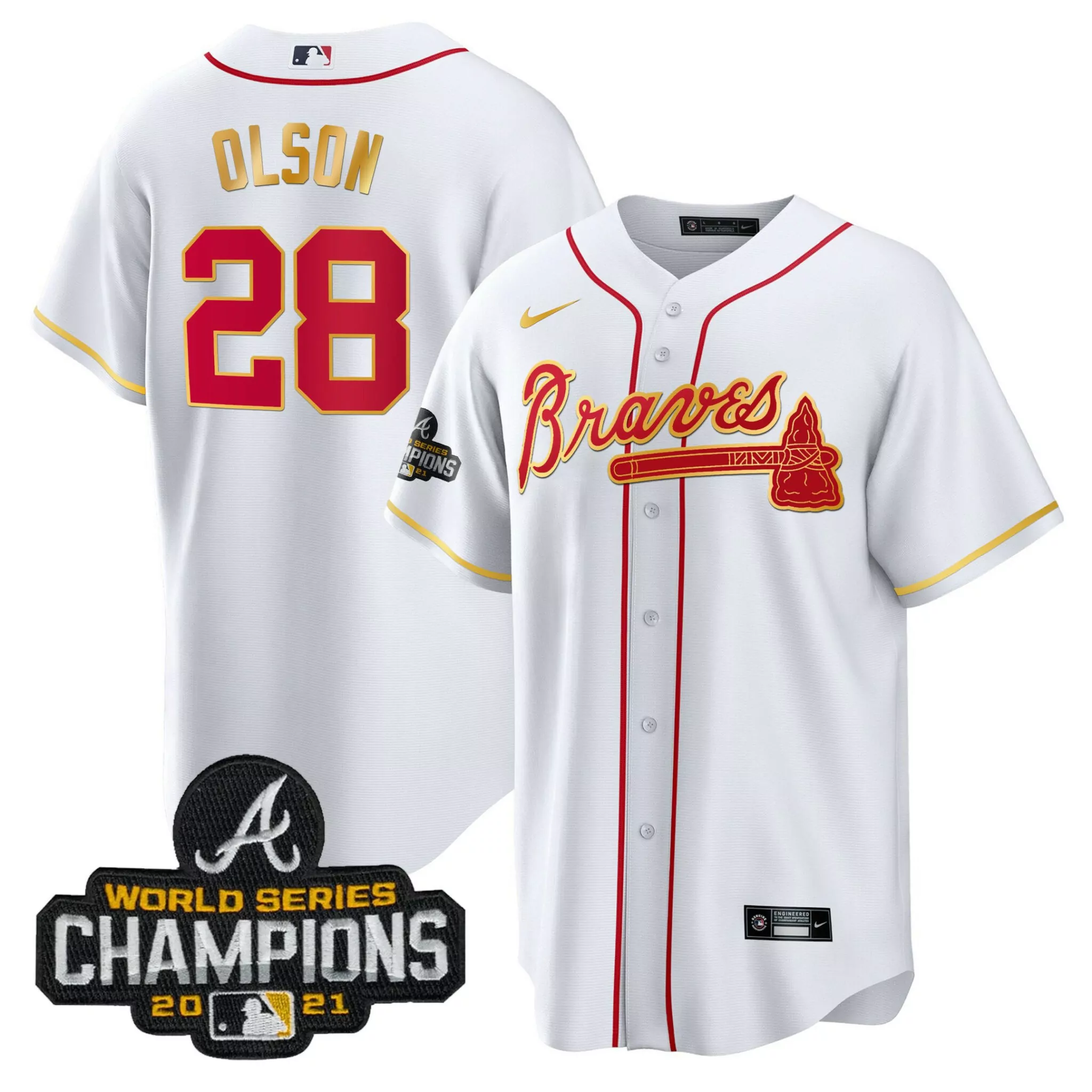 Personalized Cool white matt olson atlanta braves champions patch gold trim jersey all stitched 6050