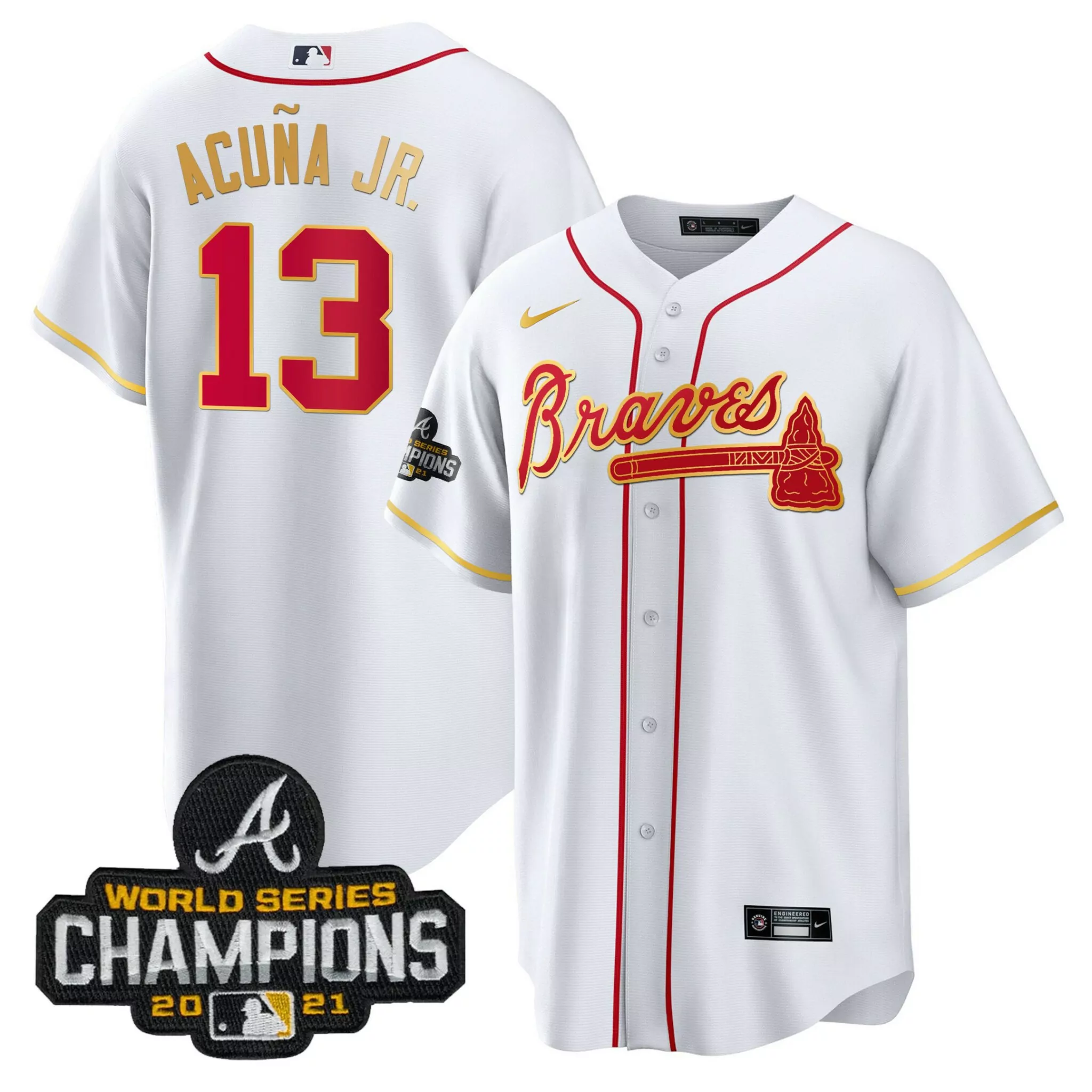 Personalized Cool white ronald acuna jr atlanta braves champions patch gold trim jersey all stitched 7621