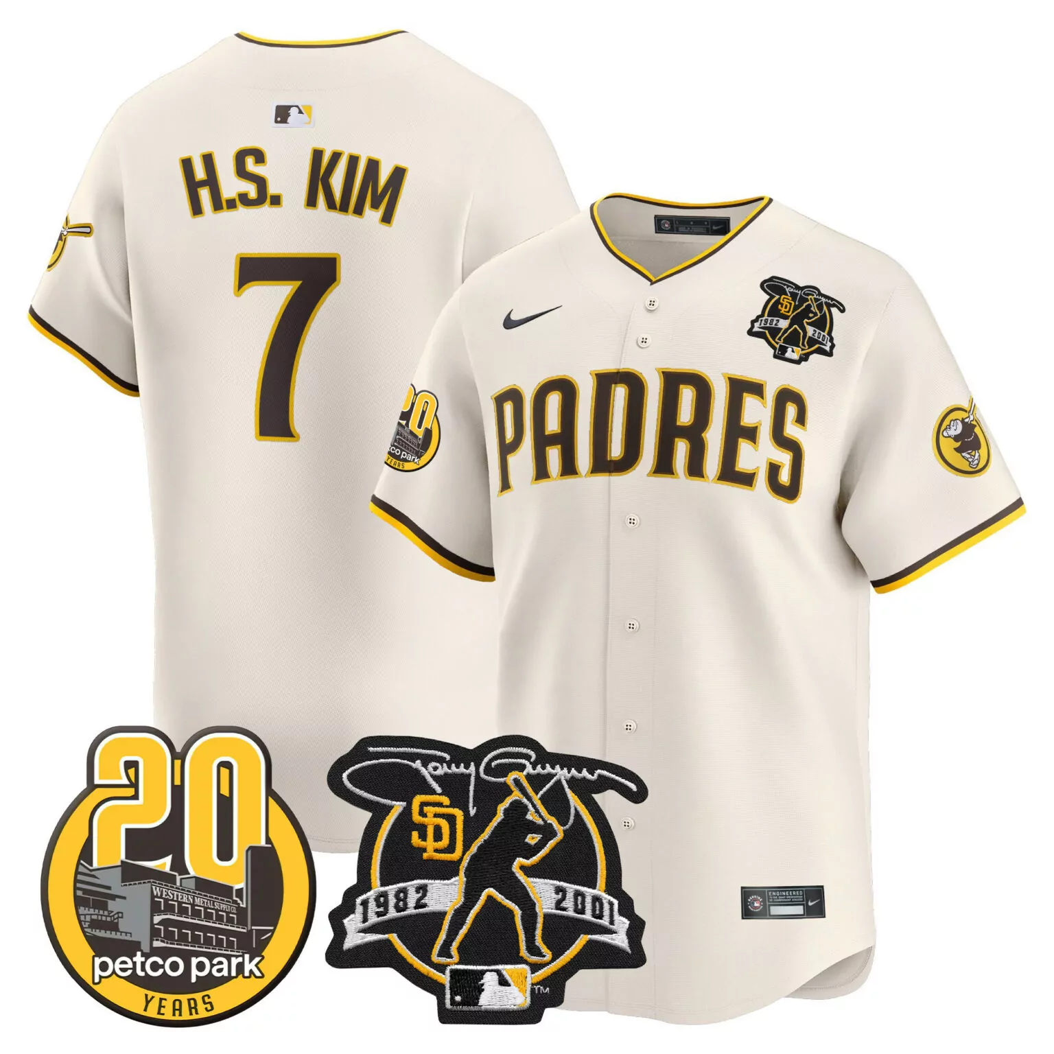 Customizable Cream ha seong kim san diego padres tony gwynn petco park 20th patch jersey v2 all stitched 5523