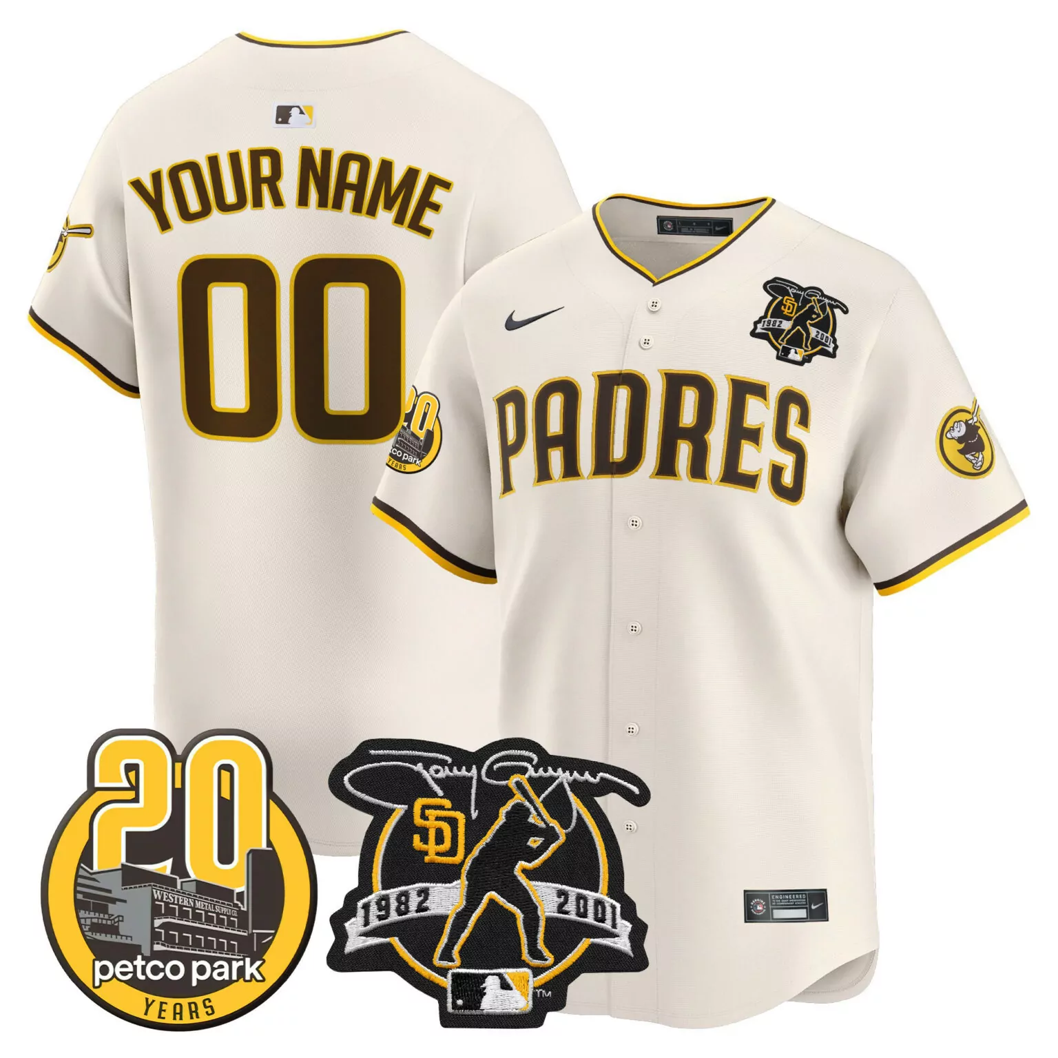 Custom Cream san diego padres tony gwynn petco park 20th patch vapor custom jersey v2 all stitched 6881
