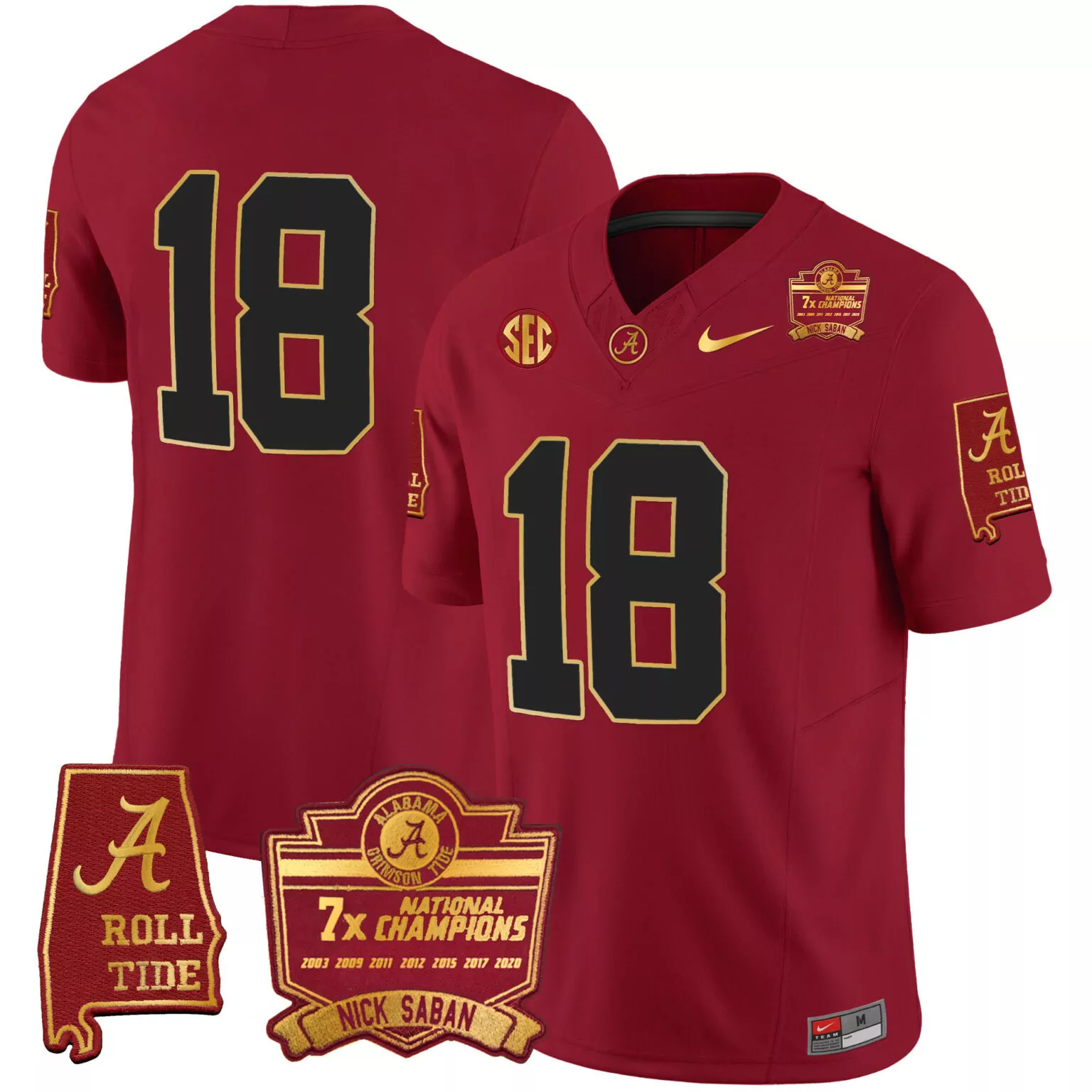 Personalized Crimson 18 champs alabama crimson tide nick saban 7x champions patch gold trim jersey all stitched 7228