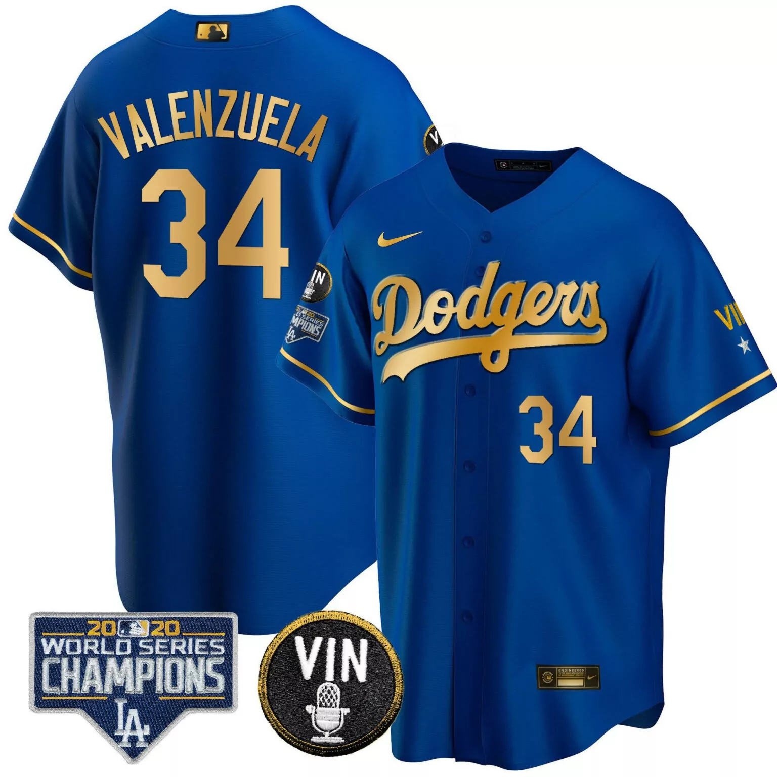 Custom Fernando valenzuela gold royal los angeles dodgers world series vin sculy patch gold jersey 1797