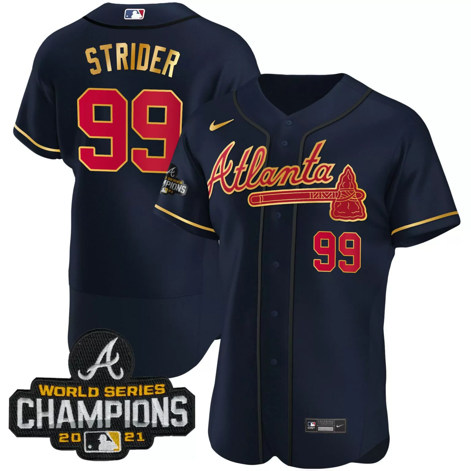 Customizable Flex navy spencer strider atlanta braves champions patch gold trim jersey all stitched 3515