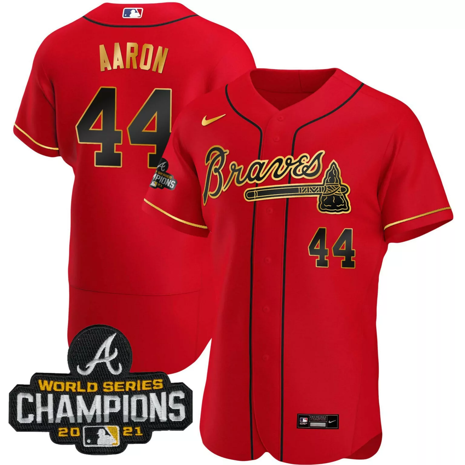 Personalized Flex red hank aaron atlanta braves champions patch gold trim jersey all stitched 4697
