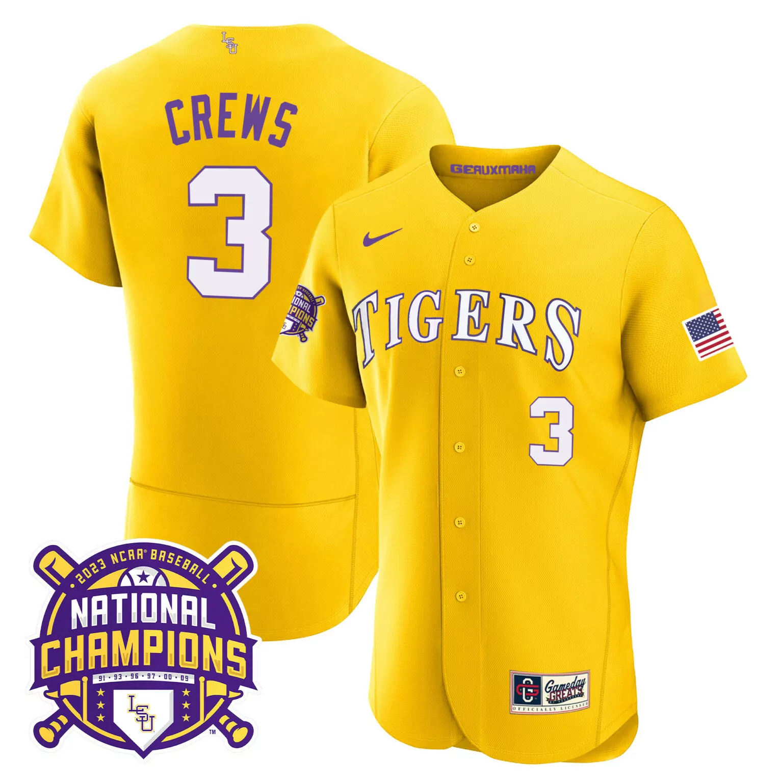 Custom Gold dylan crews lsu tigers 2023 national champions gold flex jersey all stitched 8799