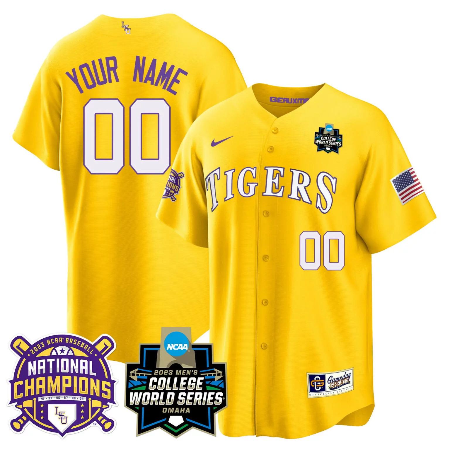 Customizable Gold lsu tigers 2023 national champions gold cool custom jersey v3 all stitched 8367