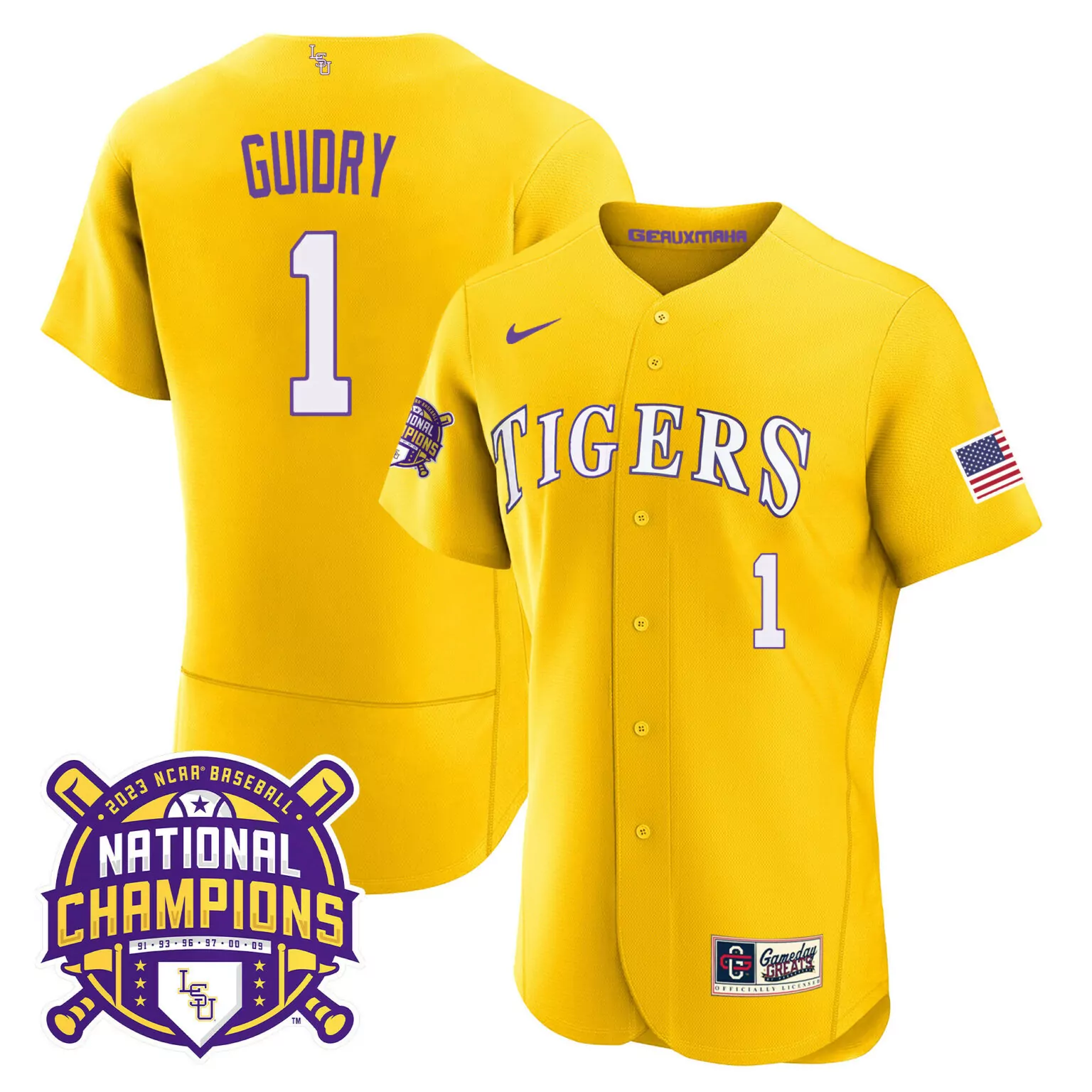 Custom Gold weylin guidry lsu tigers 2023 national champions gold flex jersey all stitched 7808