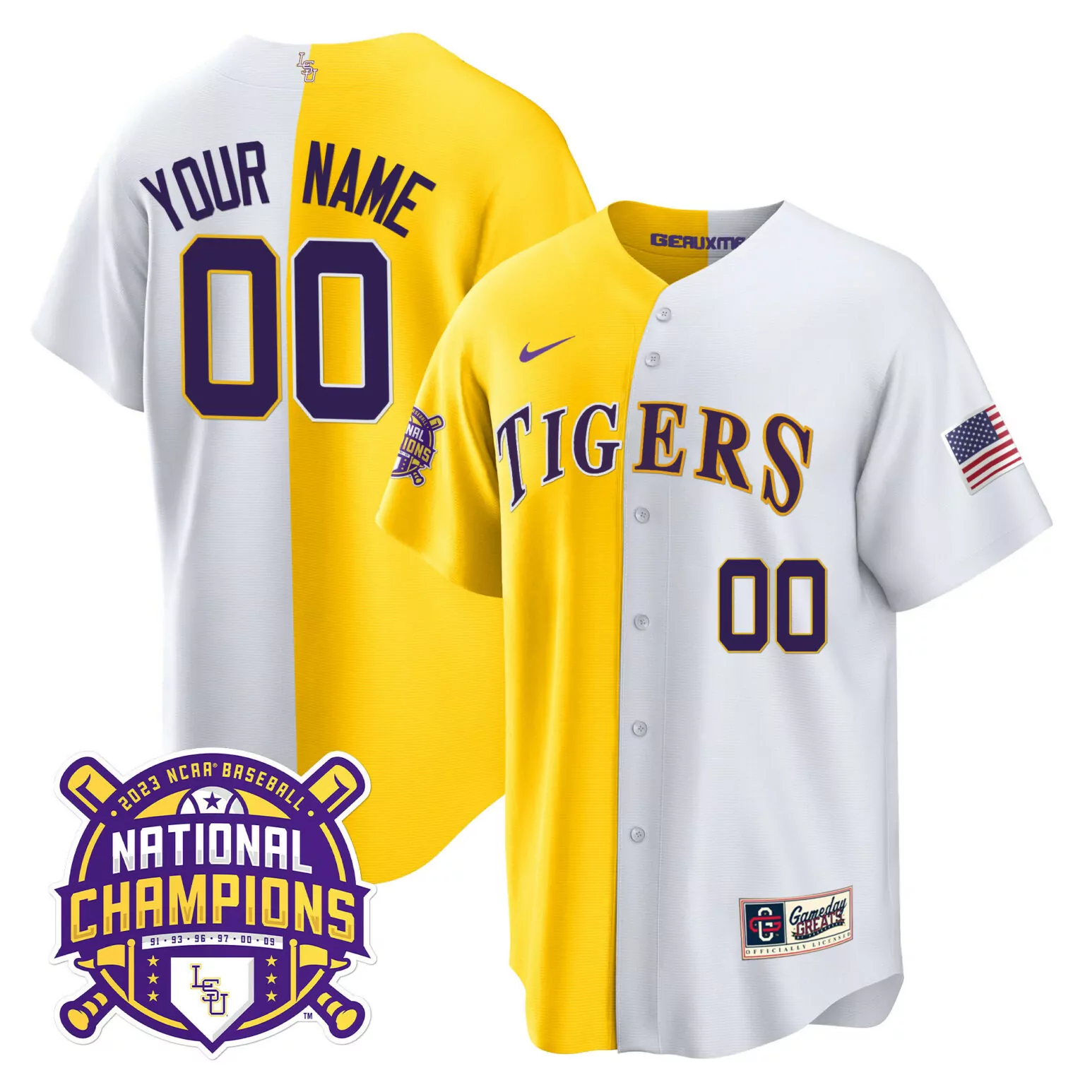 Personalized Gold white lsu tigers 2023 national champions alternate color sleeves custom jersey all stitched 5061