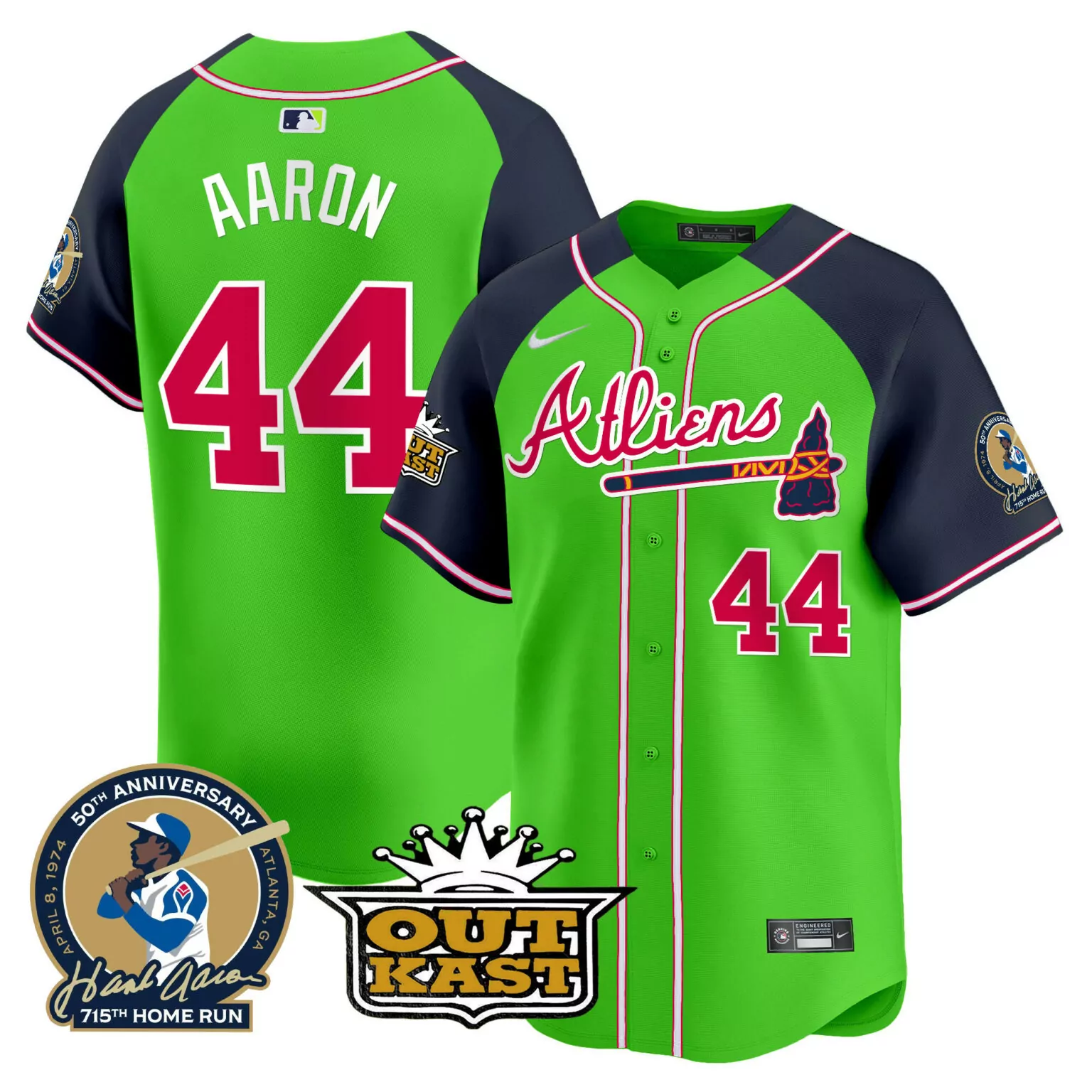 Custom Green alternate hank aaron atlanta braves atliens hank aaron patch jersey all stitched 6218