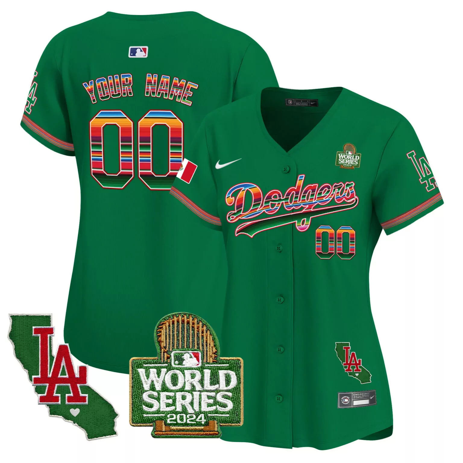 Customizable Green los angeles dodgers mexico 2024 world series vapor custom jersey v2 all stitched 7525