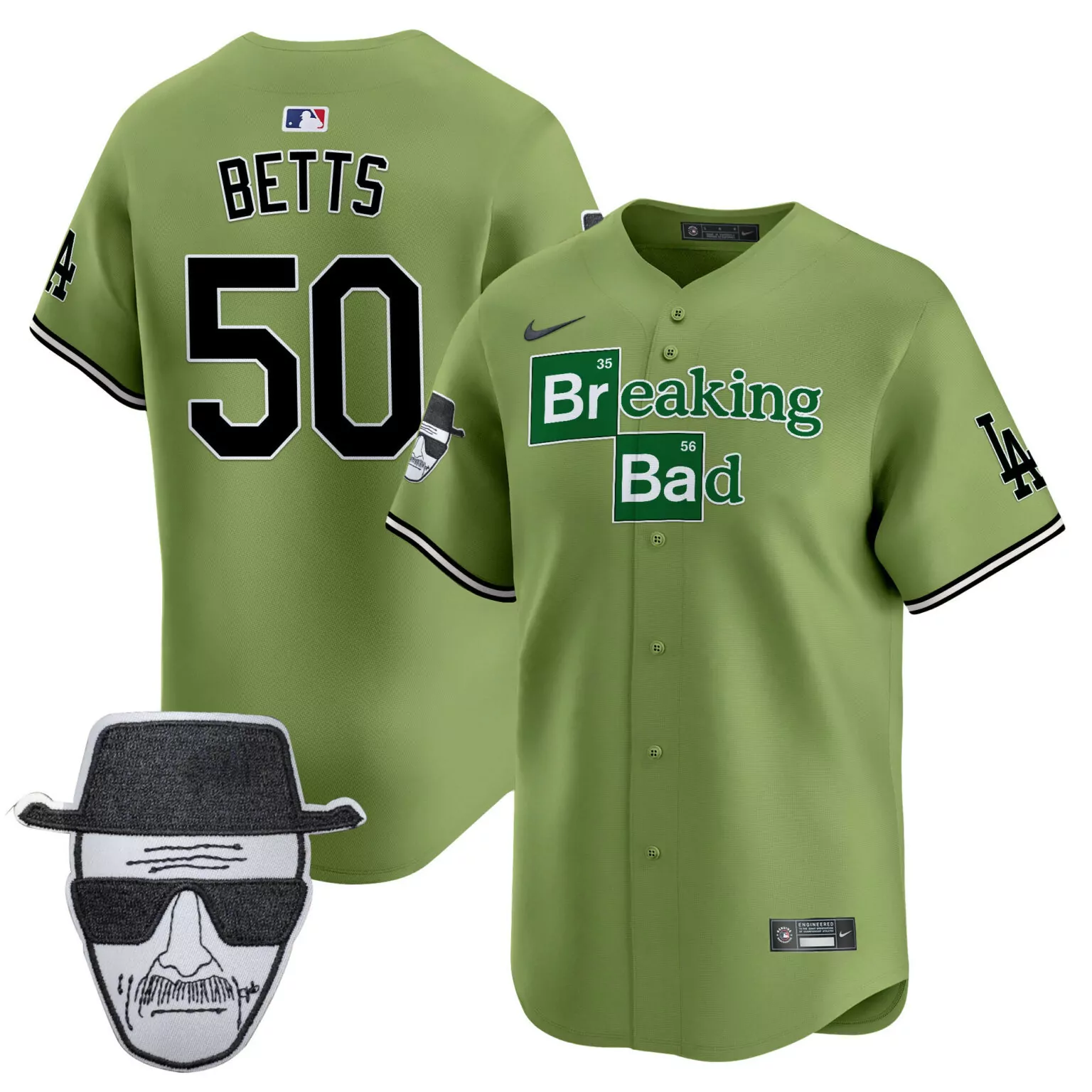 Custom Green mookie betts los angeles dodgers breaking bad walter white patch jersey all stitched 9251