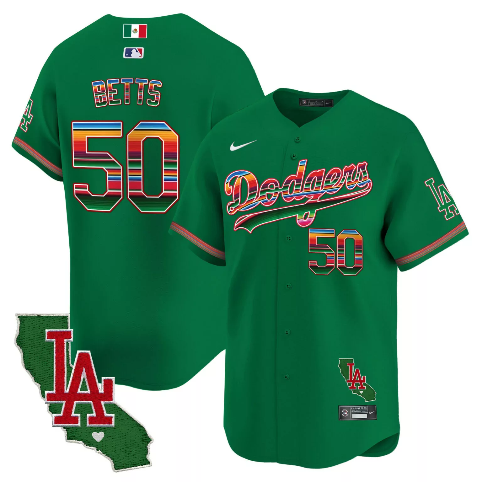 Personalized Green mookie betts los angeles dodgers mexico california patch jersey v2 all stitched 5526