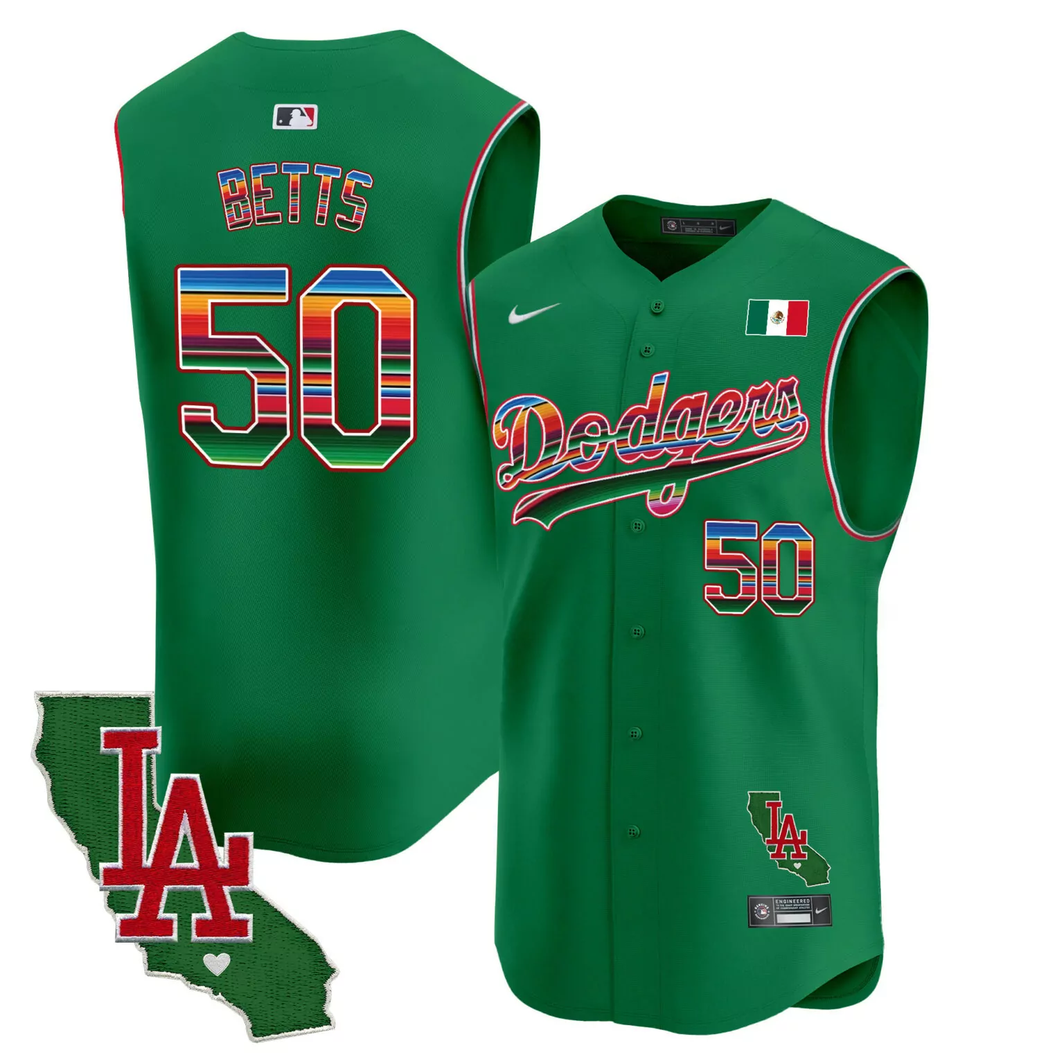 Custom Green mookie betts los angeles dodgers mexico california patch vapor sleeveless jersey all stitched 8710