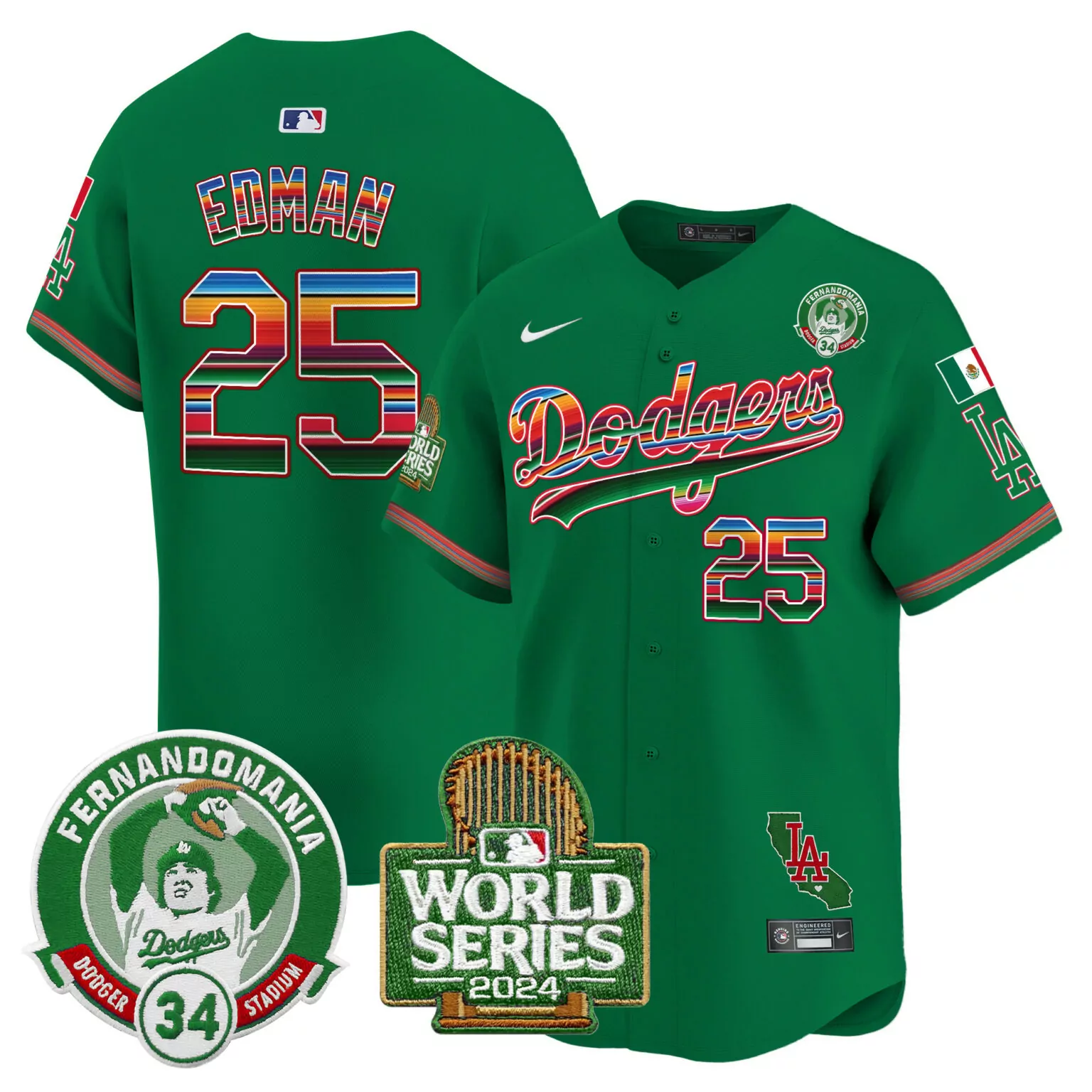 Personalized Green tommy edman los angeles dodgers mexico valenzuela 2024 world series patch jersey all stitched 3733