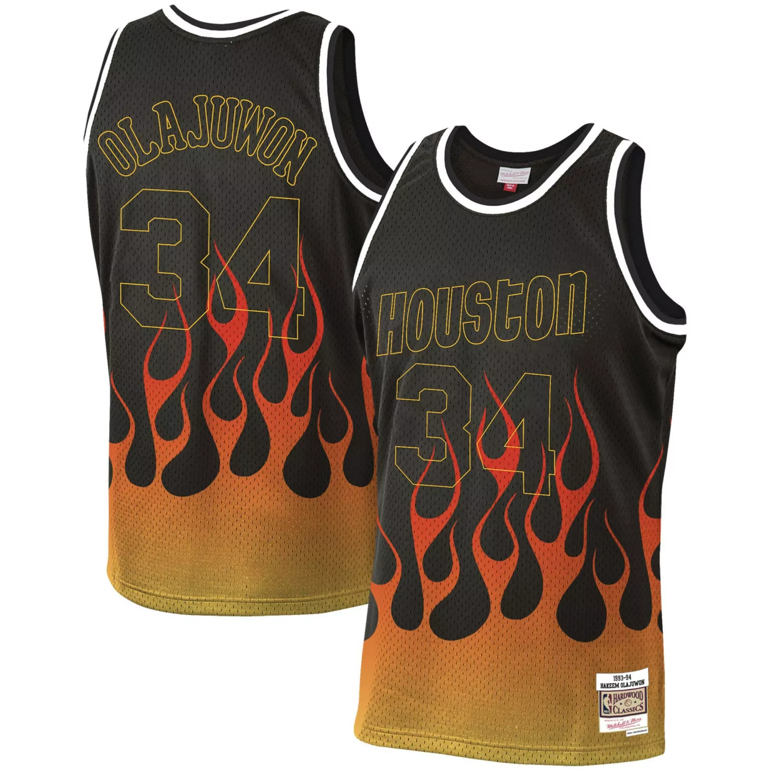 Custom Hakeem olajuwon houston rockets 199394 hardwood classics flames jersey black nba 9108