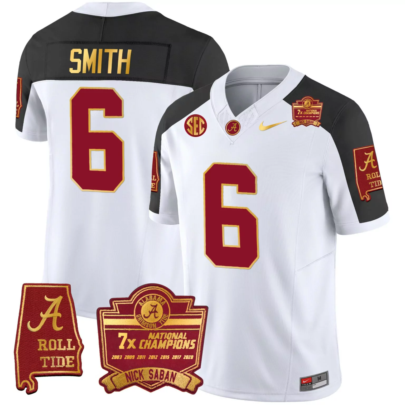 Personalized Inverted devonta smith alabama crimson tide nick saban 7x champions patch gold trim jersey all stitched 8720
