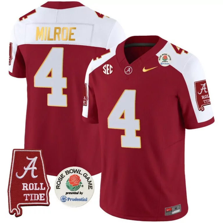 Personalized Jalen milroe crimson alternate alabama crimson tide rose bowl patch gold trim jersey all stitched 6323