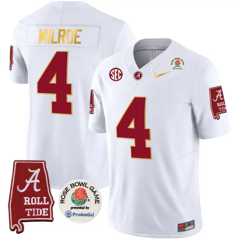 Personalized Jalen milroe white alabama crimson tide rose bowl patch gold trim jersey all stitched 7426