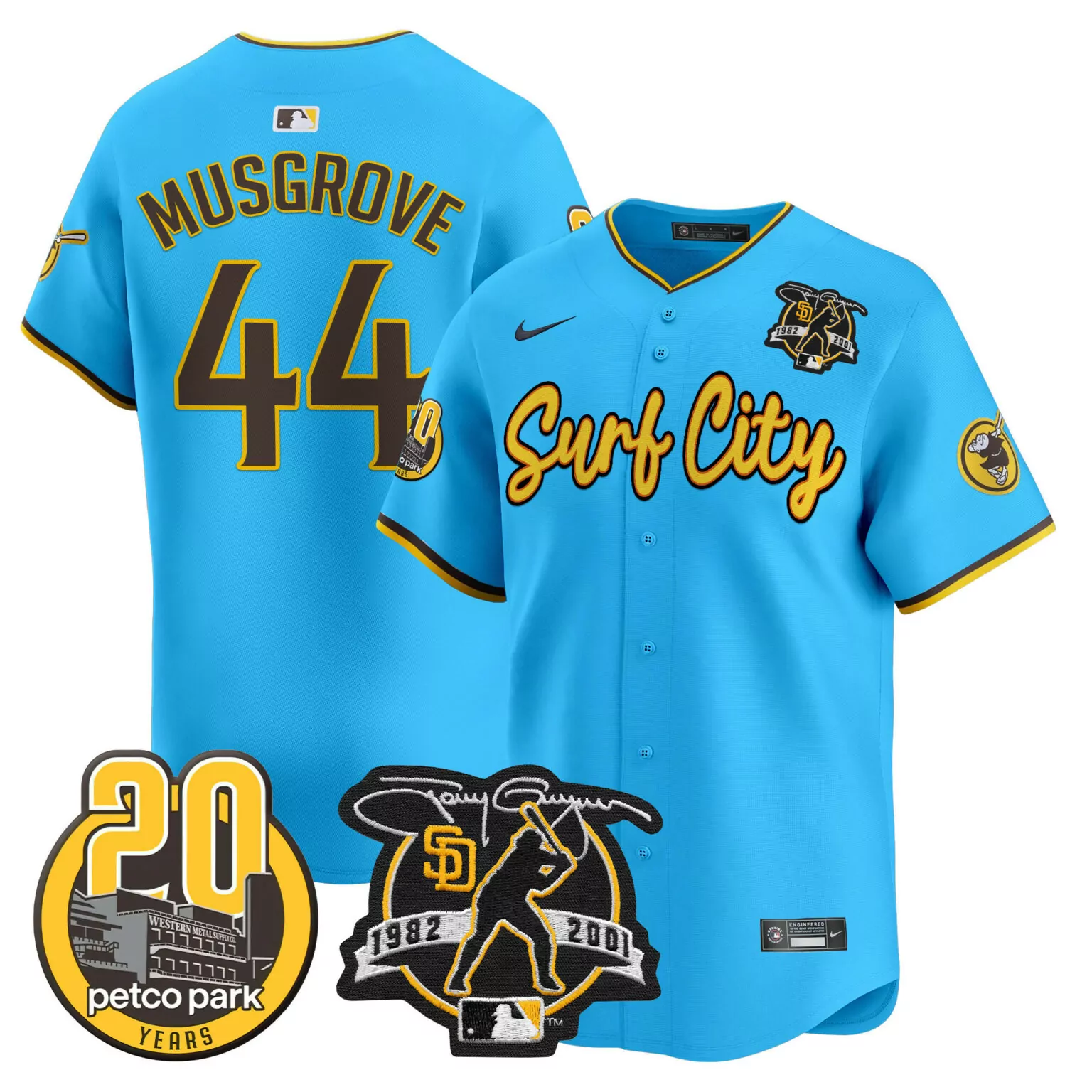 Customizable Light blue joe musgrove san diego padres tony gwynn petco park 20th patch jersey v3 all stitched 9491