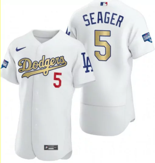 Customizable Los angeles dodgers 5 corey seager white gold 2020 world series champions flexbase jersey 6566