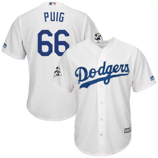 Custom Los angeles dodgers 66 yasiel puig white 2017 world series bound cool base player jersey 2967
